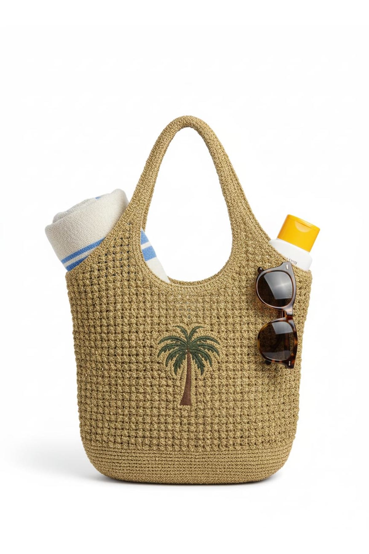 Hasır Plaj Çantası Kadın Omuz Çantası Büyük Boy Günlük Kullanım Yazlık Palmiye Desenli El Çantası