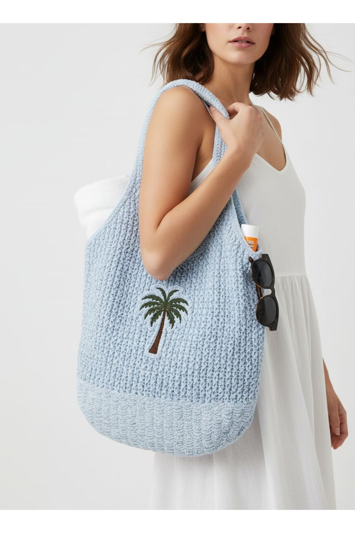 Simli Hasır Plaj Çantası Kadın Omuz Çantası Büyük Boy Işıltılı Yazlık Çanta Günlük Kullanım Palmiye Desenli