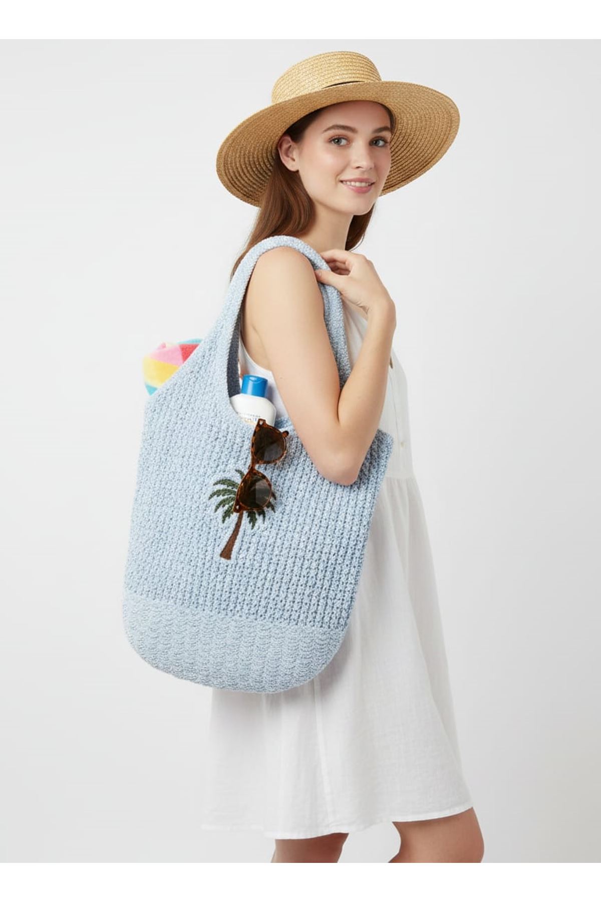 Simli Hasır Plaj Çantası Kadın Omuz Çantası Büyük Boy Işıltılı Yazlık Çanta Günlük Kullanım Palmiye Desenli