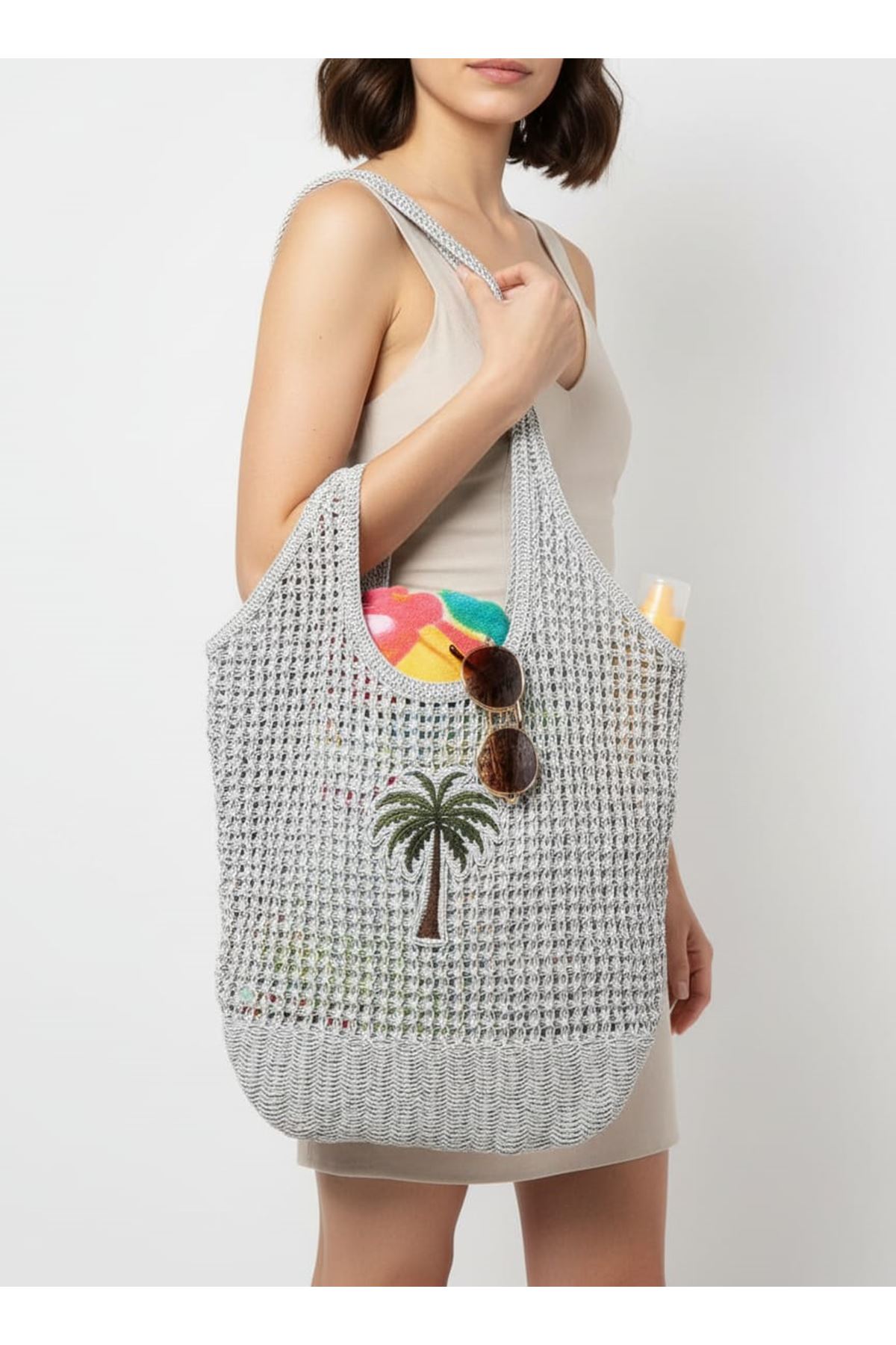 Simli Hasır Plaj Çantası Kadın Omuz Çantası Büyük Boy Işıltılı Yazlık Çanta Günlük Kullanım Palmiye Desenli