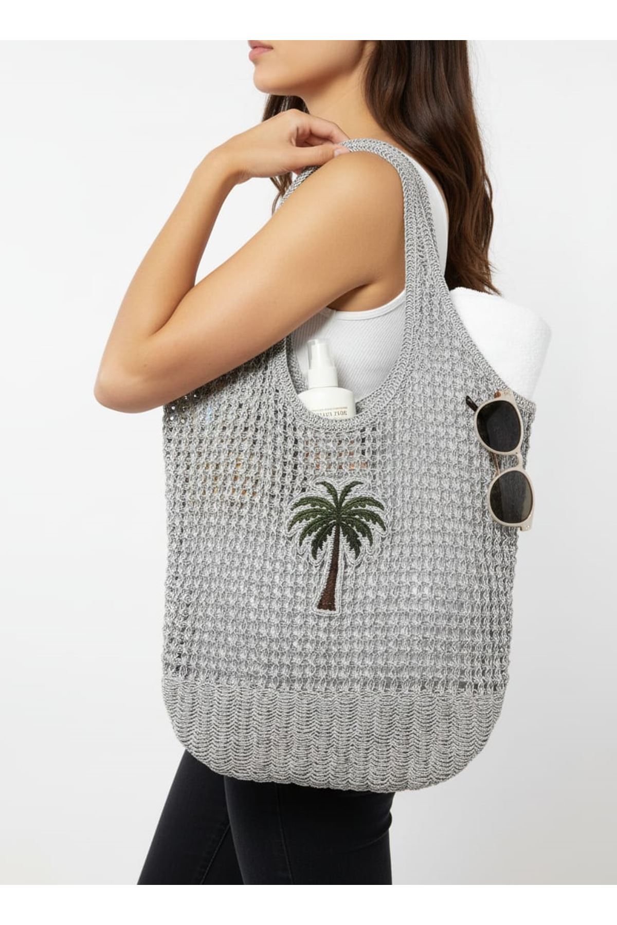 Simli Hasır Plaj Çantası Kadın Omuz Çantası Büyük Boy Işıltılı Yazlık Çanta Günlük Kullanım Palmiye Desenli