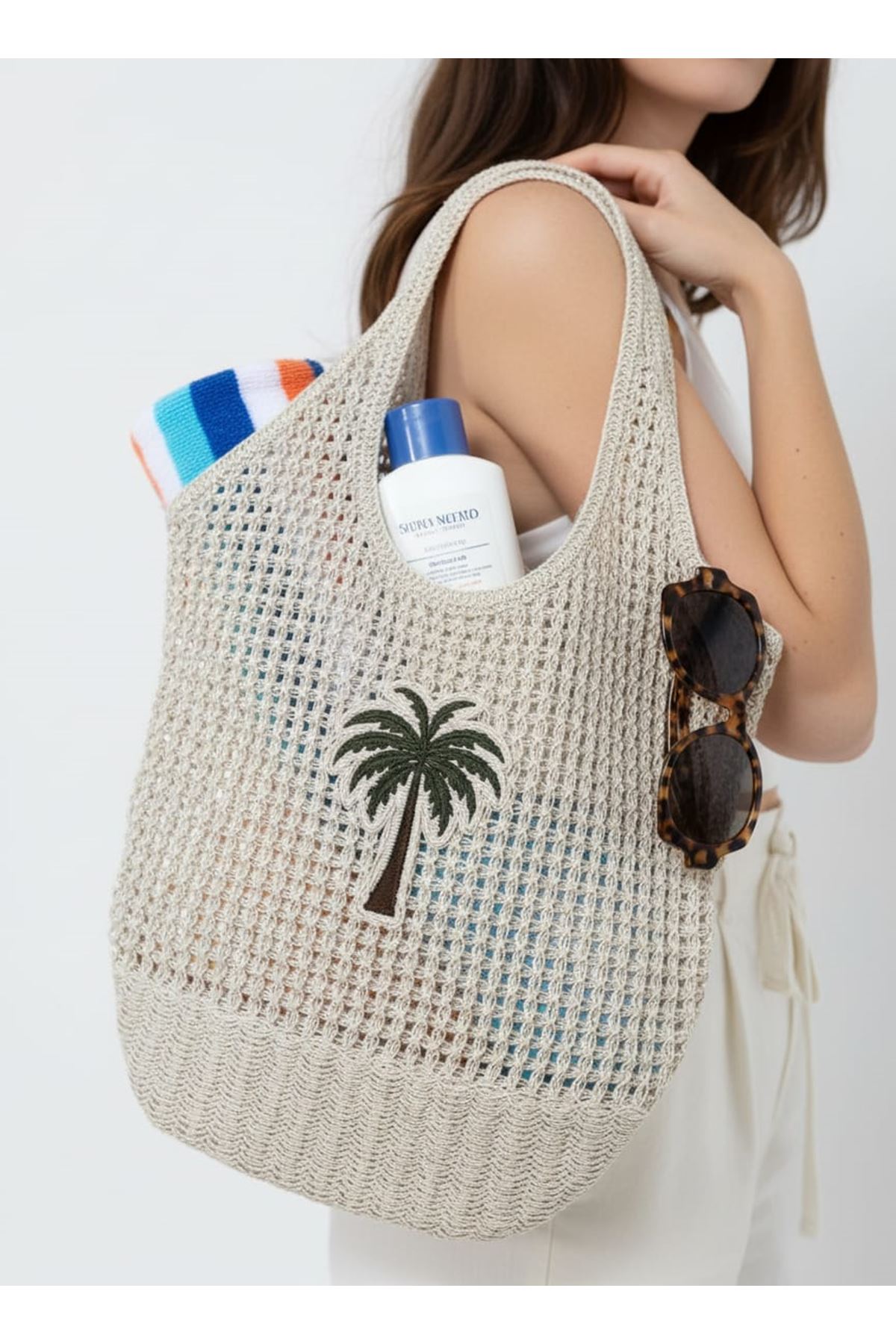 Simli Hasır Plaj Çantası Kadın Omuz Çantası Büyük Boy Işıltılı Yazlık Çanta Günlük Kullanım Palmiye Desenli
