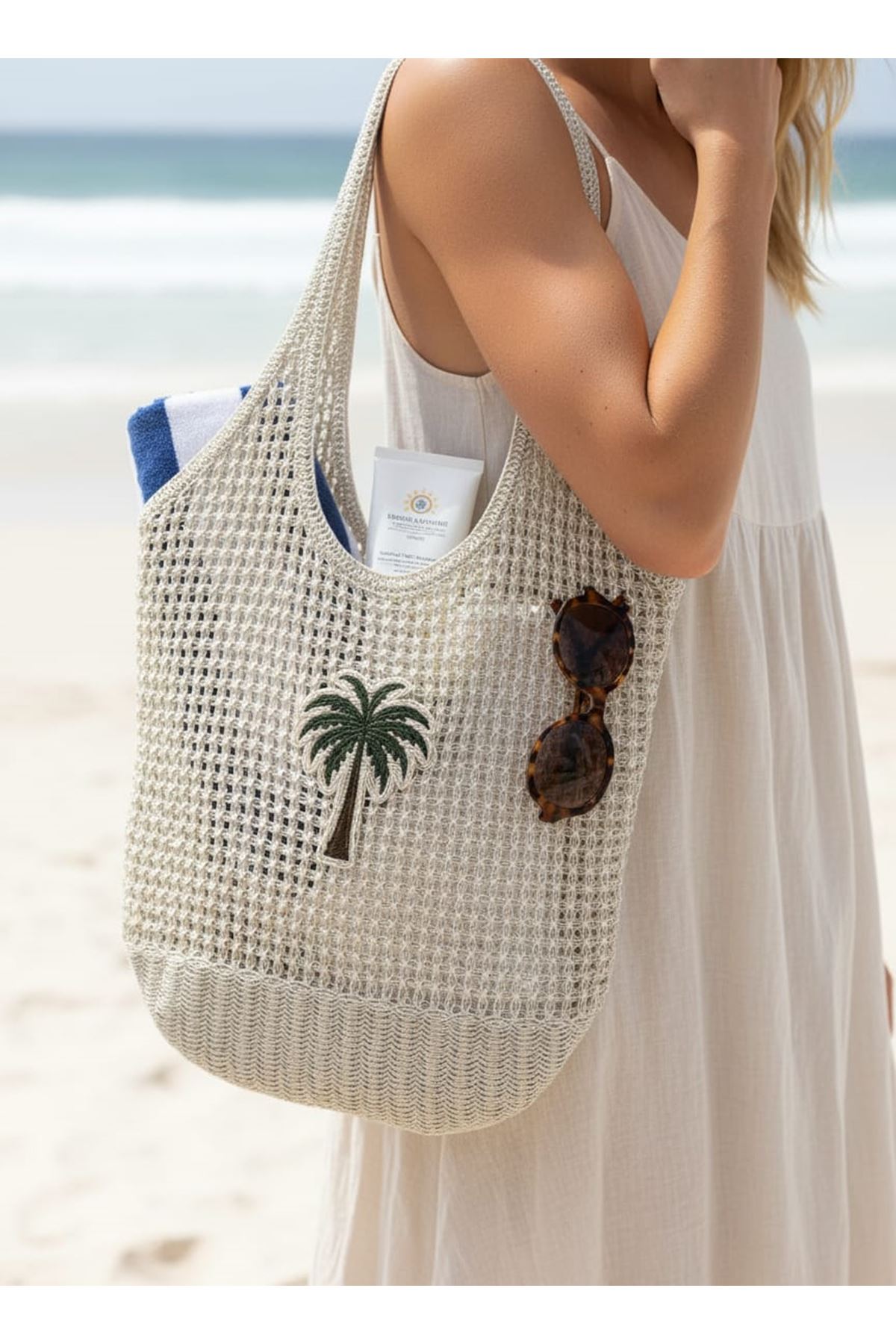 Simli Hasır Plaj Çantası Kadın Omuz Çantası Büyük Boy Işıltılı Yazlık Çanta Günlük Kullanım Palmiye Desenli