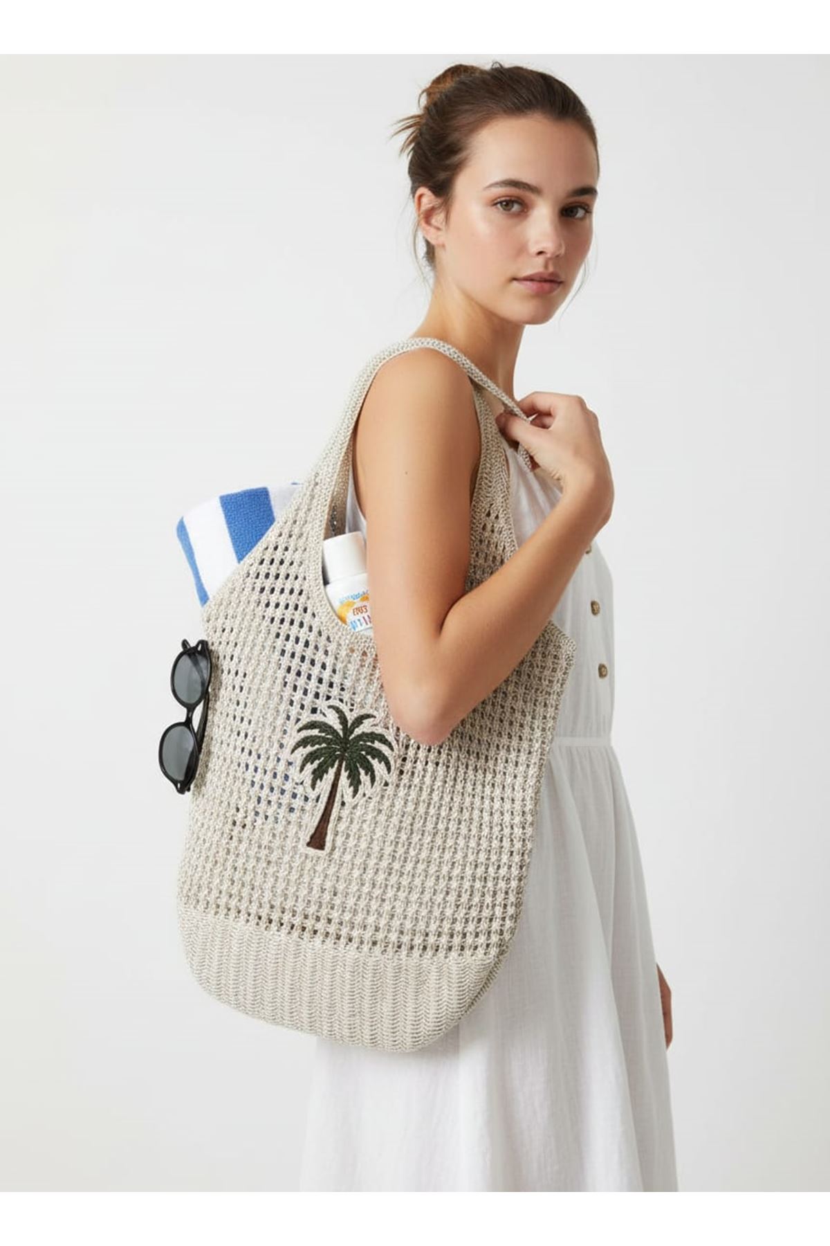 Simli Hasır Plaj Çantası Kadın Omuz Çantası Büyük Boy Işıltılı Yazlık Çanta Günlük Kullanım Palmiye Desenli