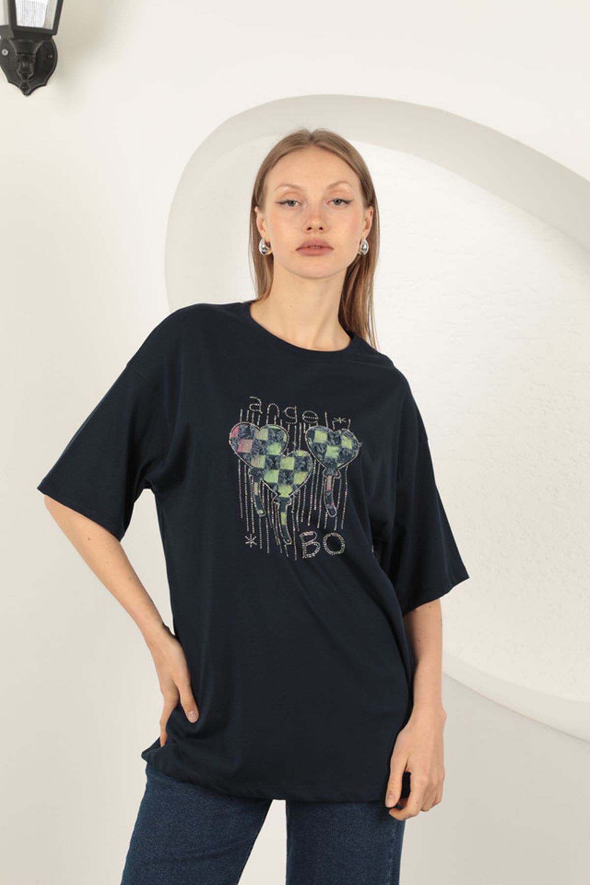 Süprem Kumaş Taş Baskılı  Kadın Tişört-Lacivert