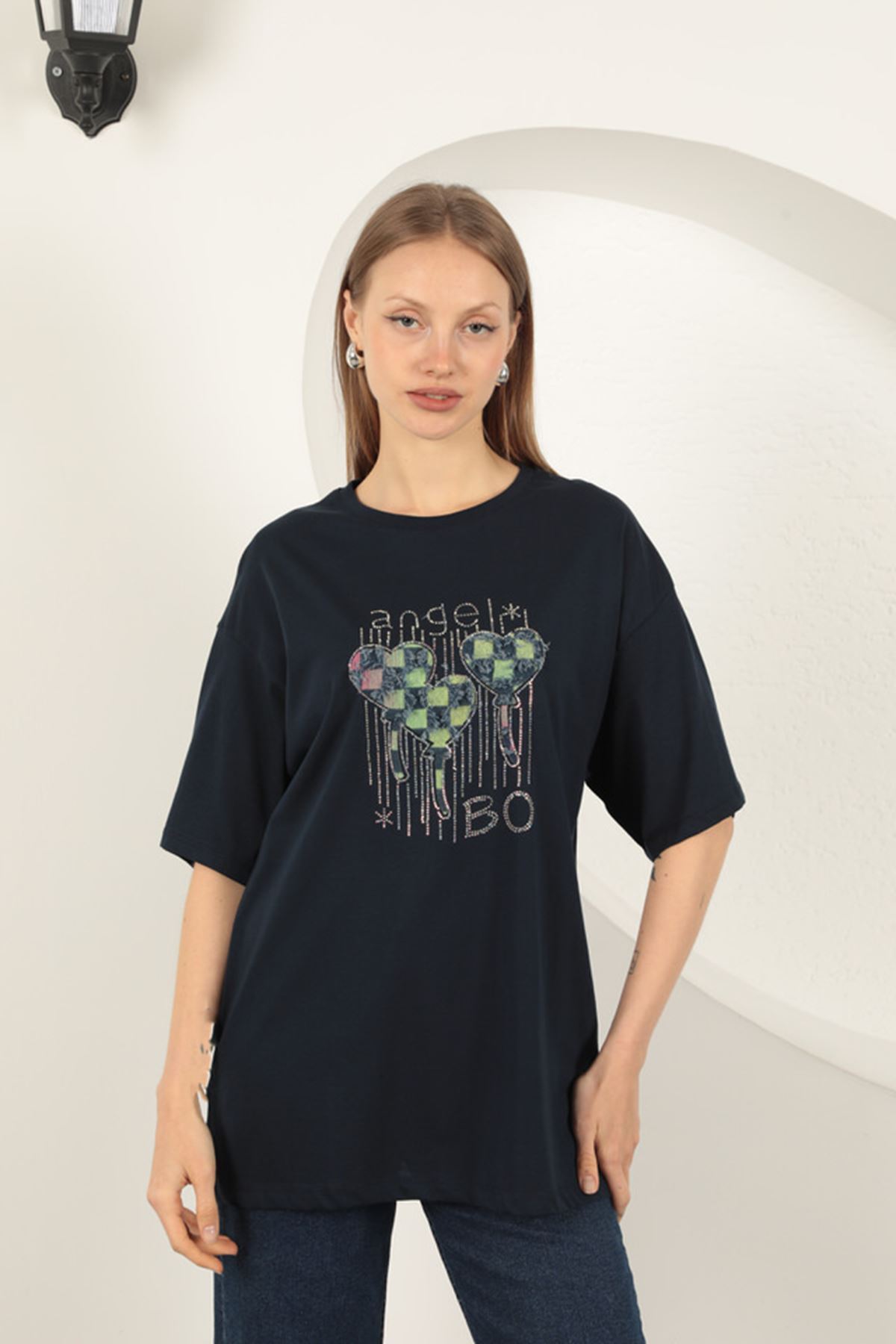 Süprem Kumaş Taş Baskılı  Kadın Tişört-Lacivert