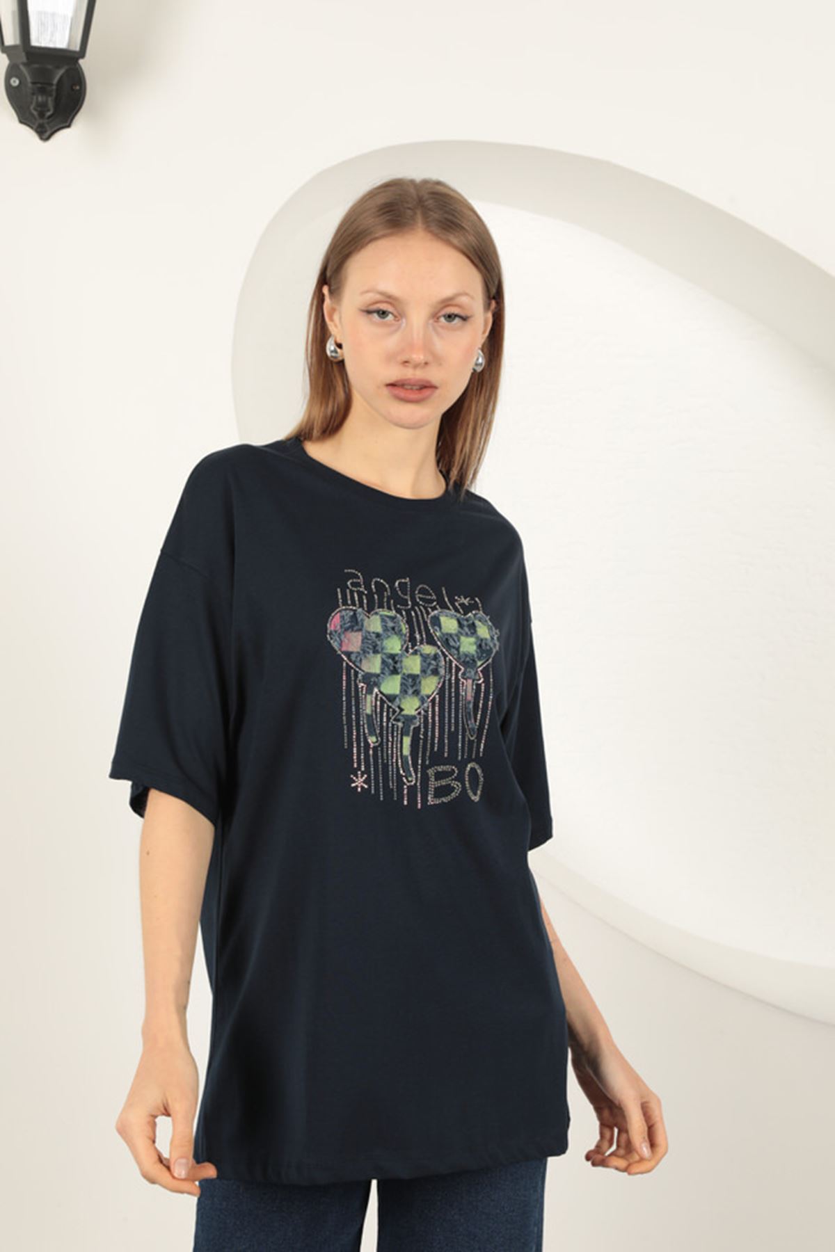 Süprem Kumaş Taş Baskılı  Kadın Tişört-Lacivert