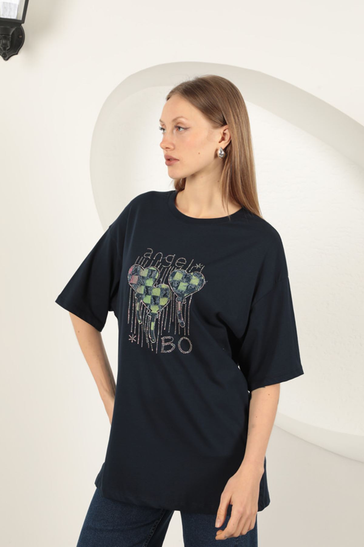 Süprem Kumaş Taş Baskılı  Kadın Tişört-Lacivert