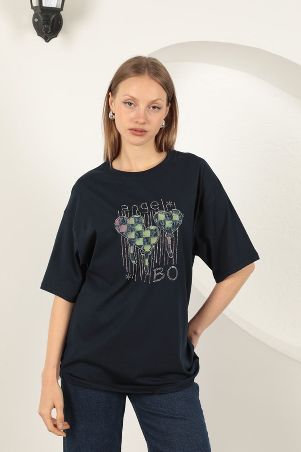 Süprem Kumaş Taş Baskılı  Kadın Tişört-Lacivert