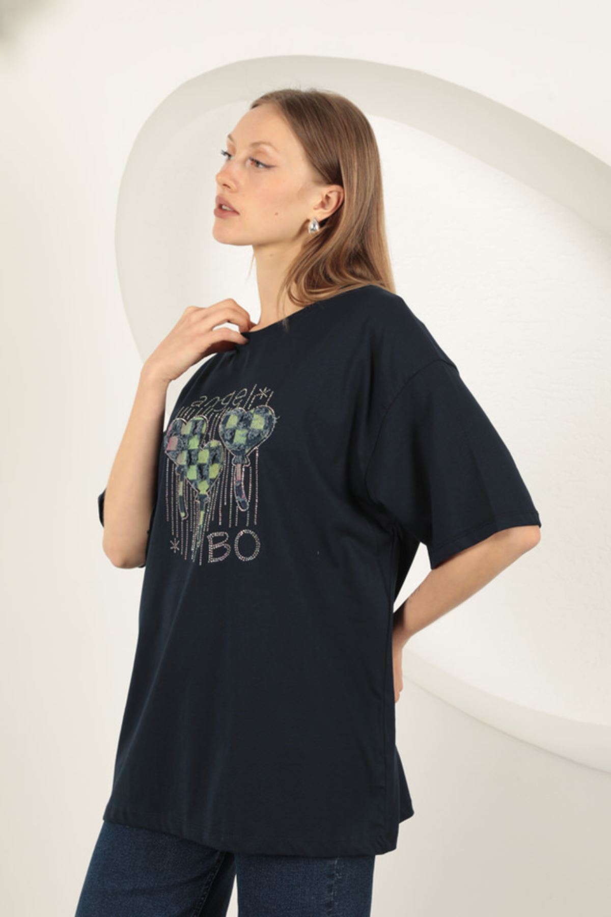 Süprem Kumaş Taş Baskılı  Kadın Tişört-Lacivert