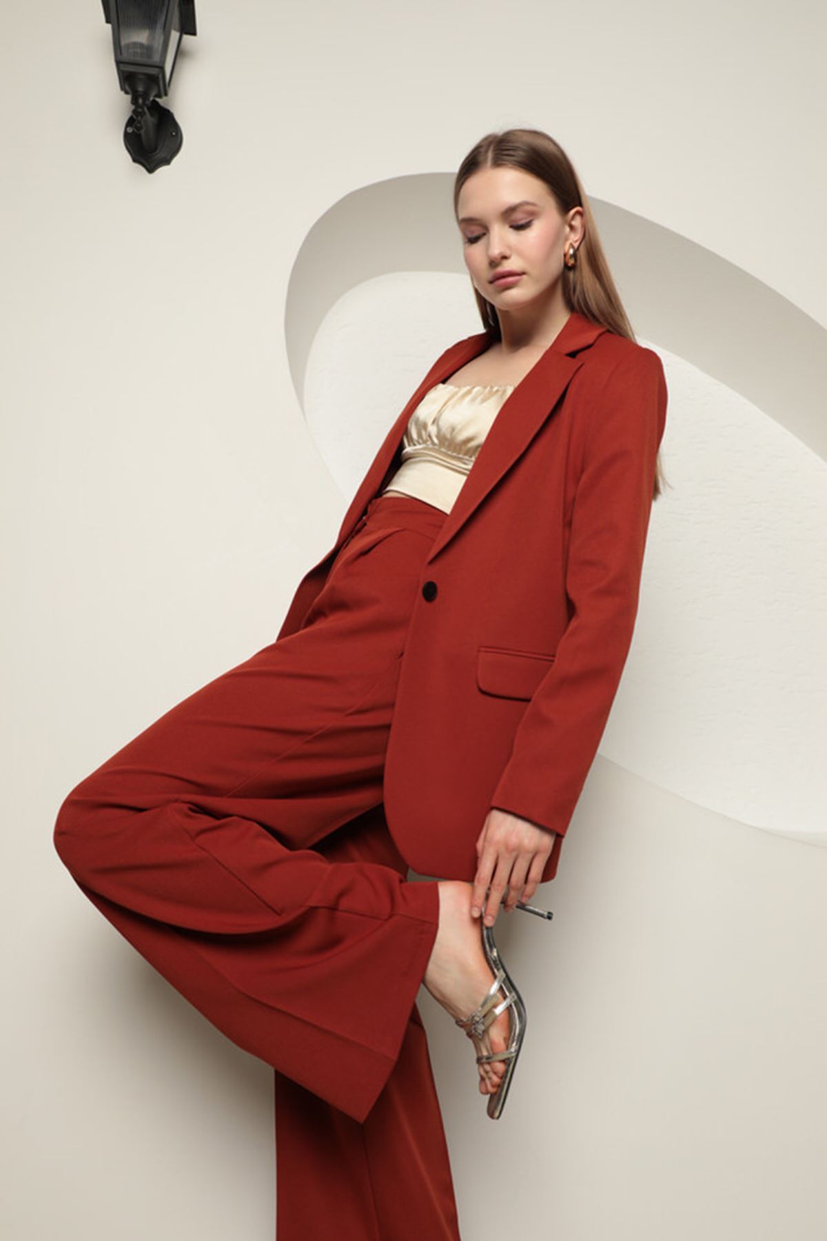 Atlas Kumaş Kadın Oversize Ceket-Kiremit