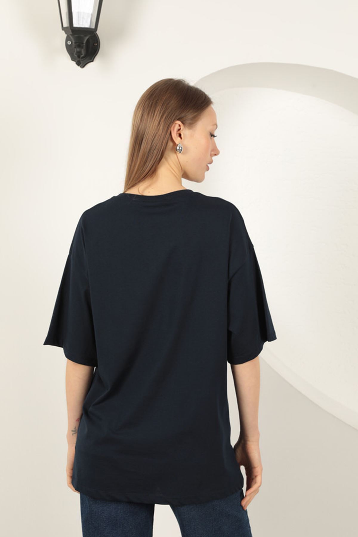 Süprem Kumaş Taş Baskılı  Kadın Tişört-Lacivert