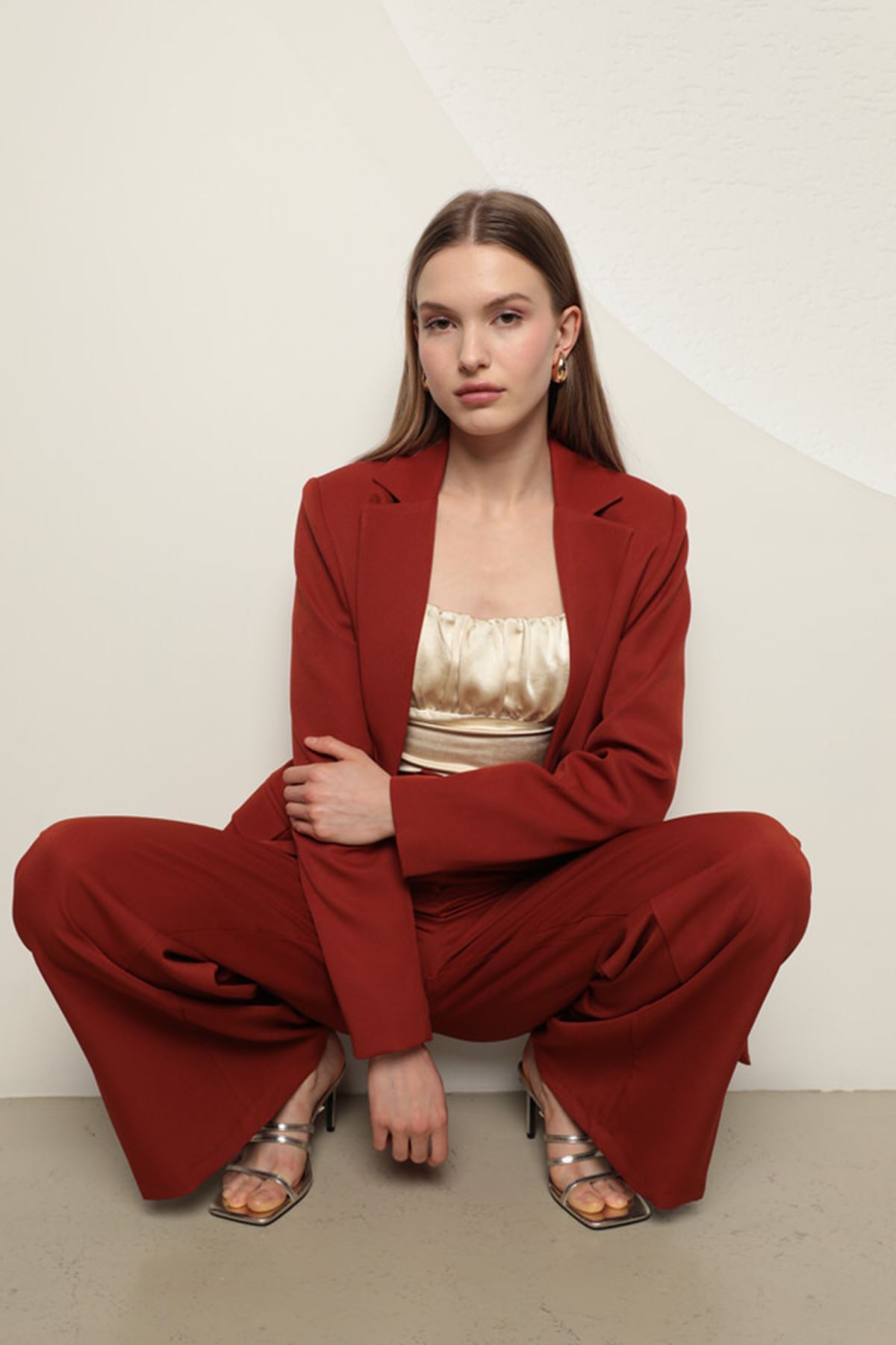 Atlas Kumaş Kadın Oversize Ceket-Kiremit