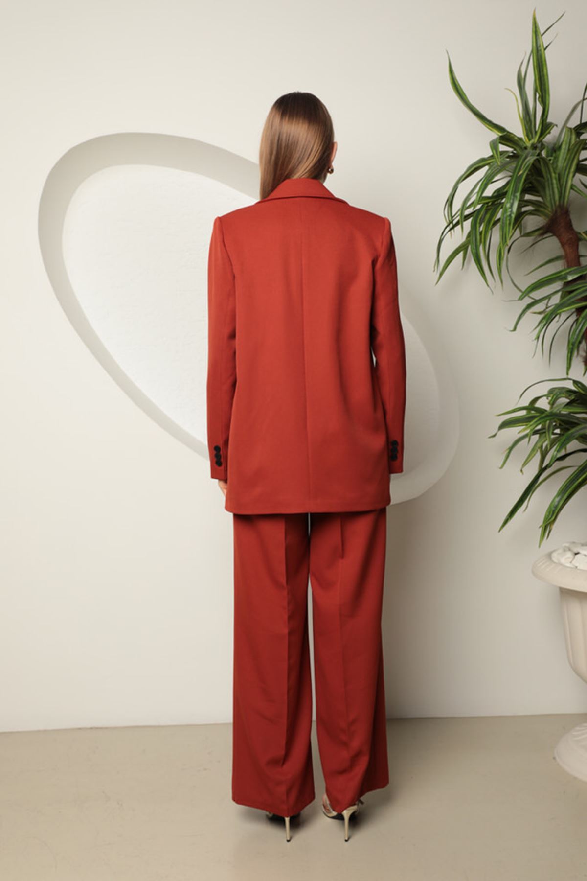 Atlas Kumaş Kadın Oversize Ceket-Kiremit