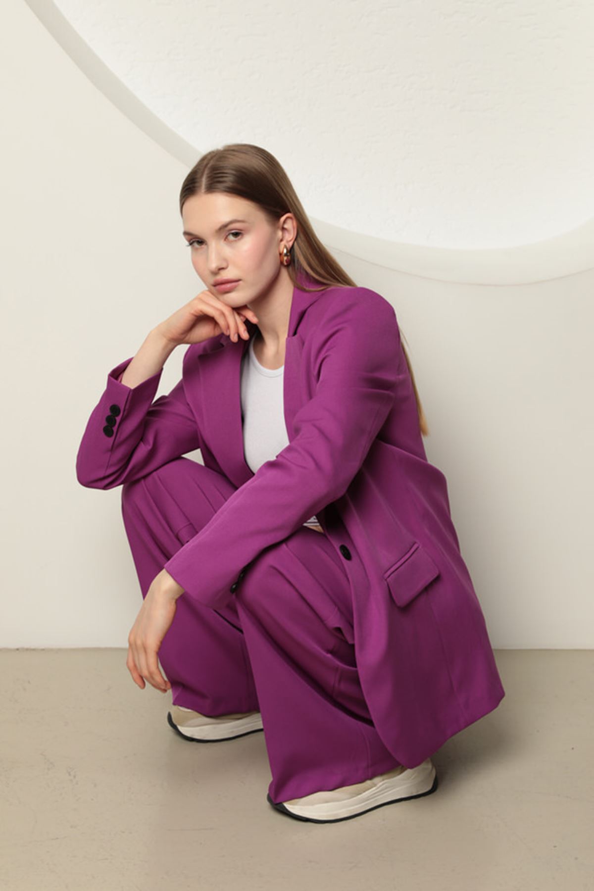 Atlas Kumaş Kadın Oversize Ceket-Mor