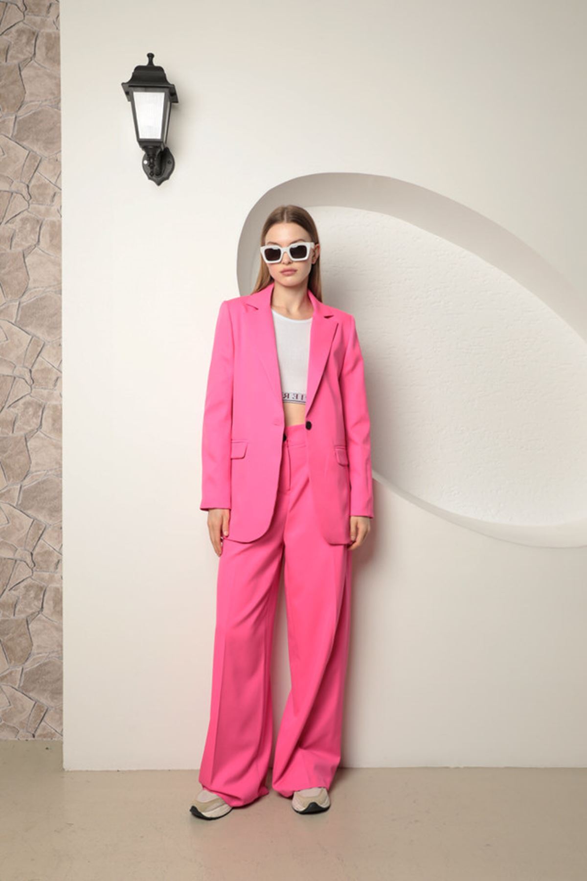 Atlas Kumaş Kadın Oversize Ceket-Fuşya