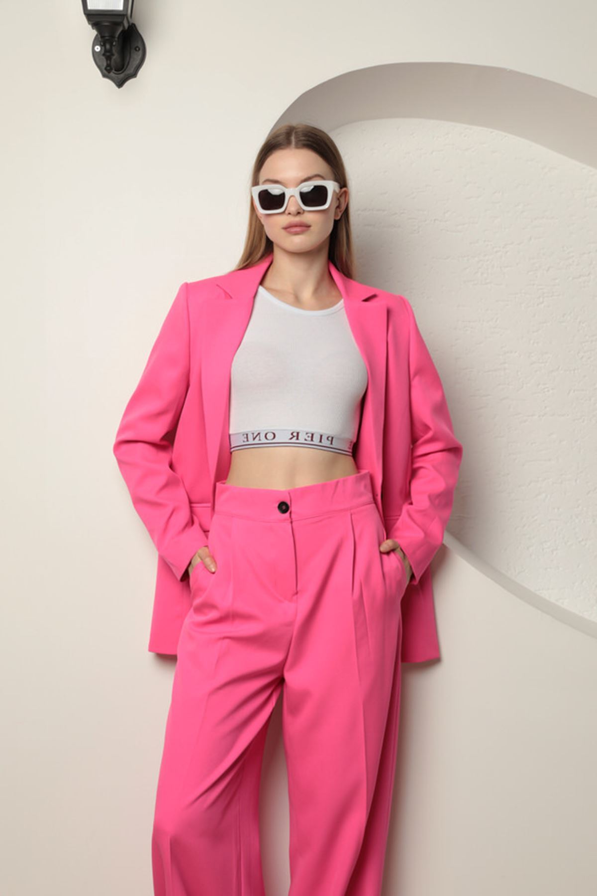 Atlas Kumaş Kadın Oversize Ceket-Fuşya