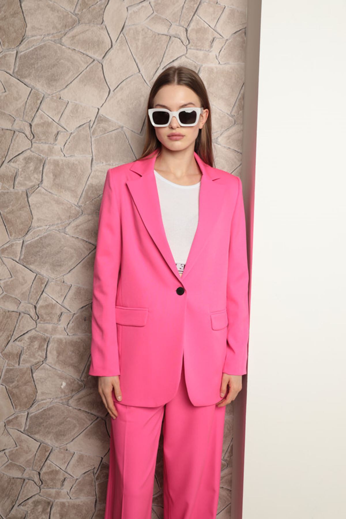 Atlas Kumaş Kadın Oversize Ceket-Fuşya