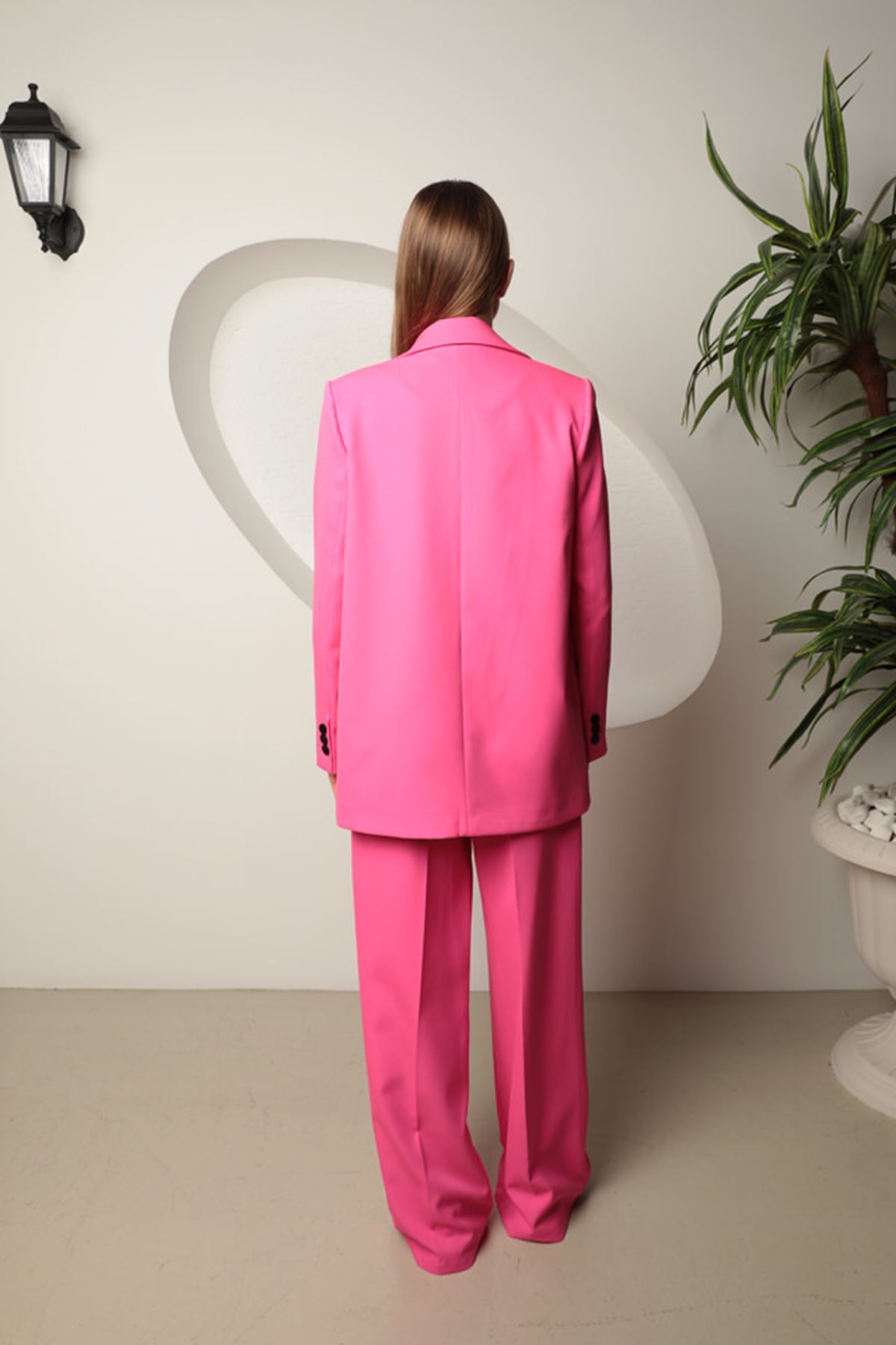 Atlas Kumaş Kadın Oversize Ceket-Fuşya