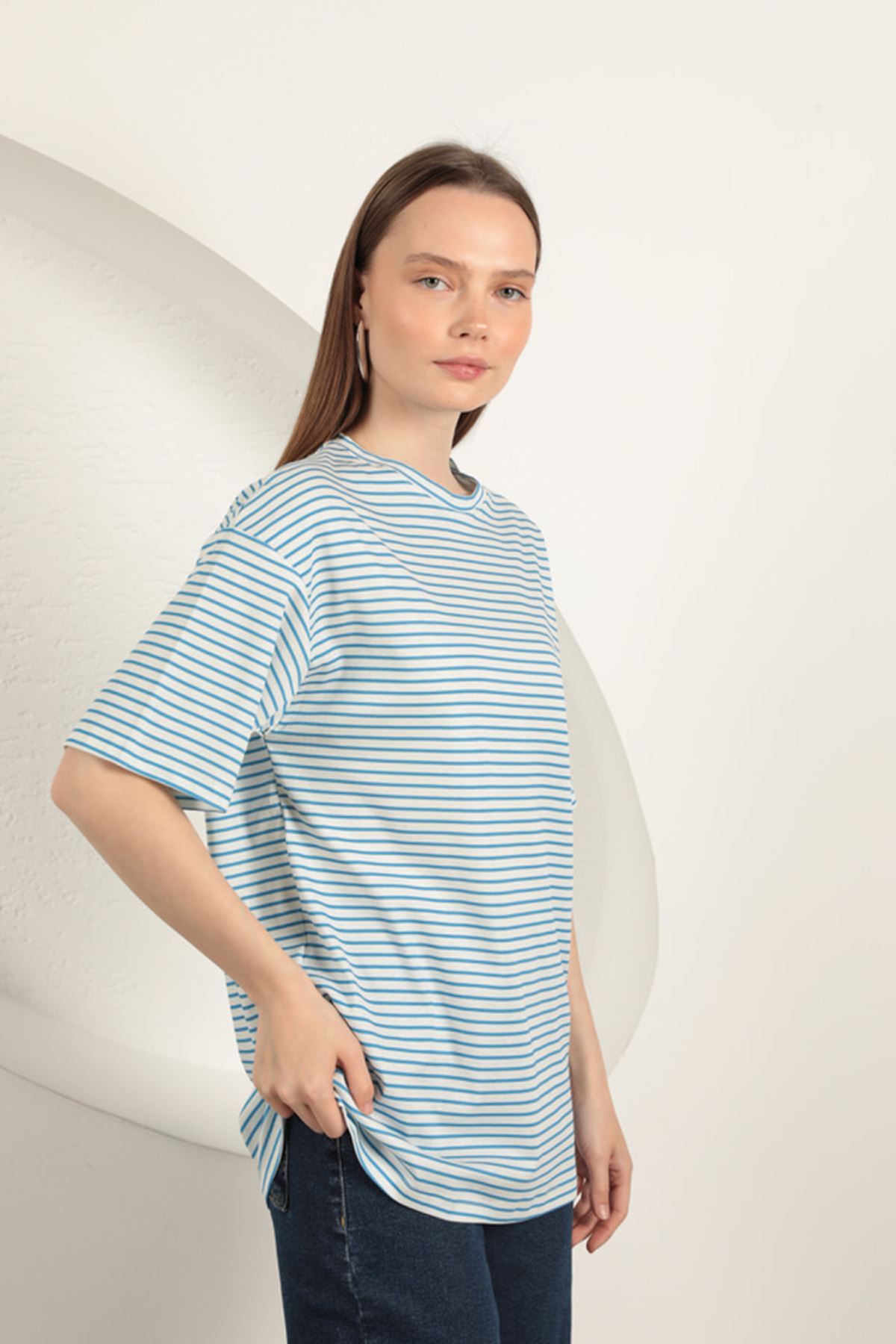 Süprem Kumaş Çizgili Tişört-Mavi