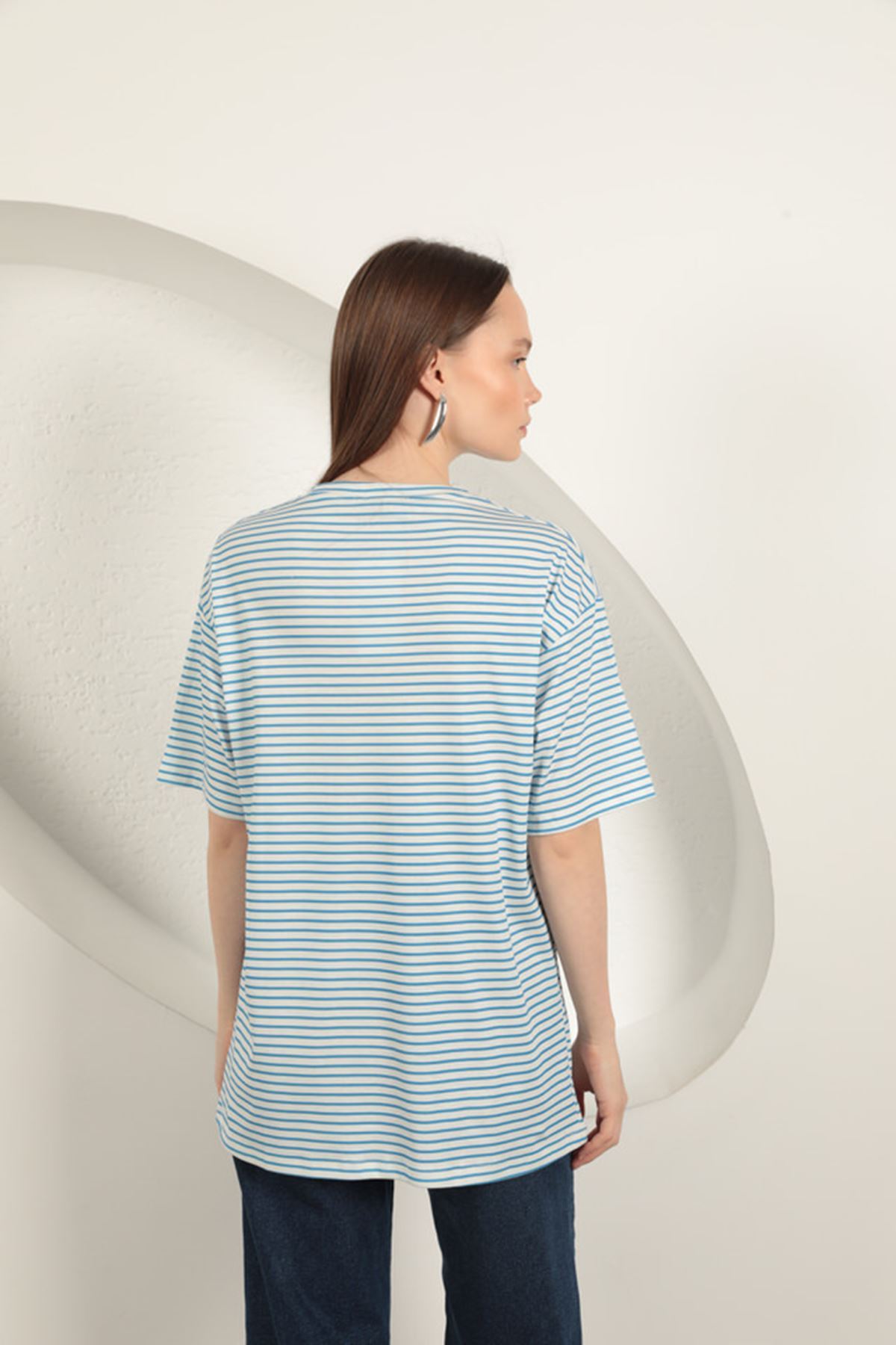 Süprem Kumaş Çizgili Tişört-Mavi