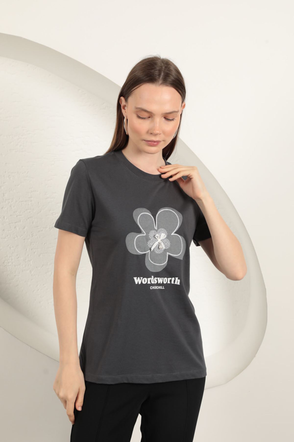 Süprem Kumaş Fiyonk Baskılı Tişört-Antrasit