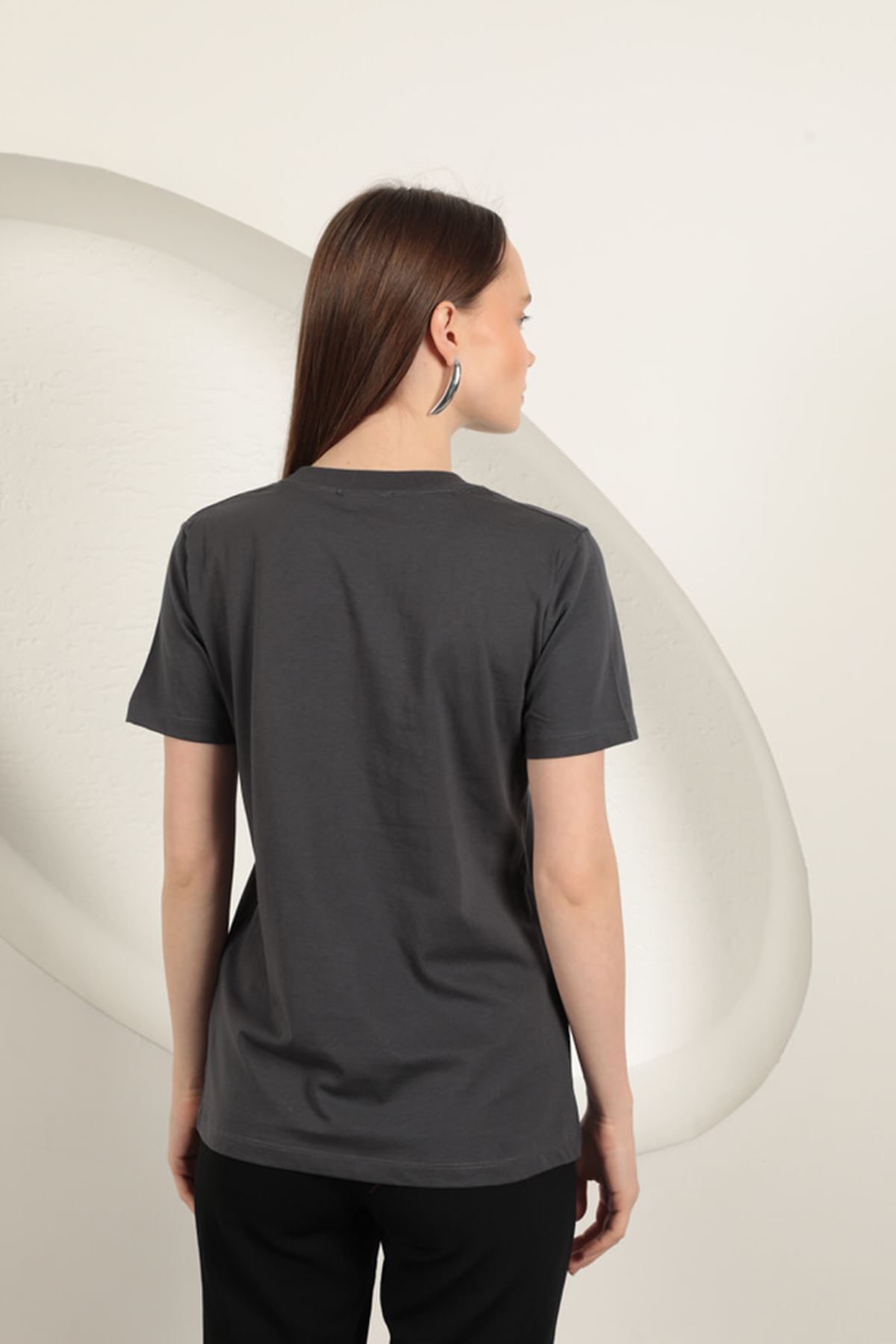 Süprem Kumaş Fiyonk Baskılı Tişört-Antrasit