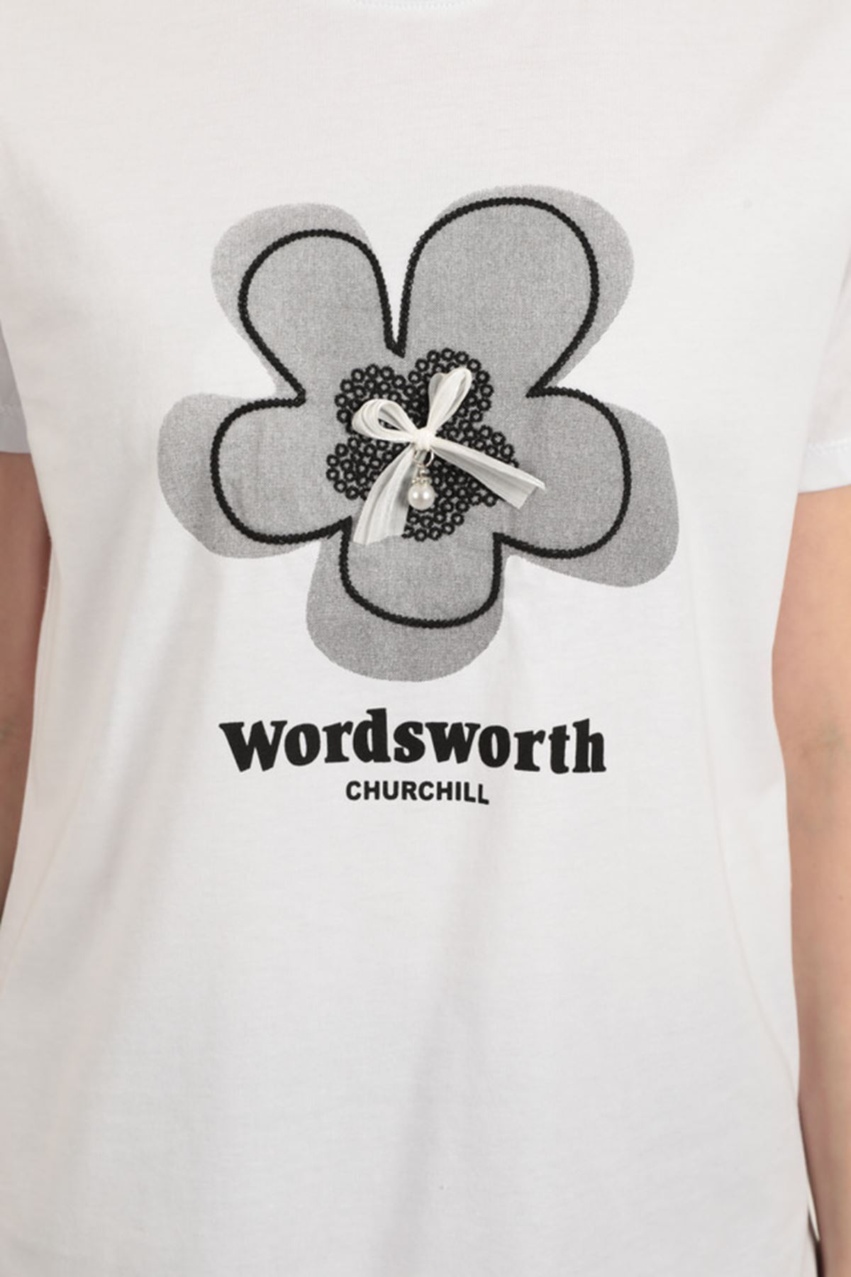 Süprem Kumaş Fiyonk Baskılı Tişört-Beyaz