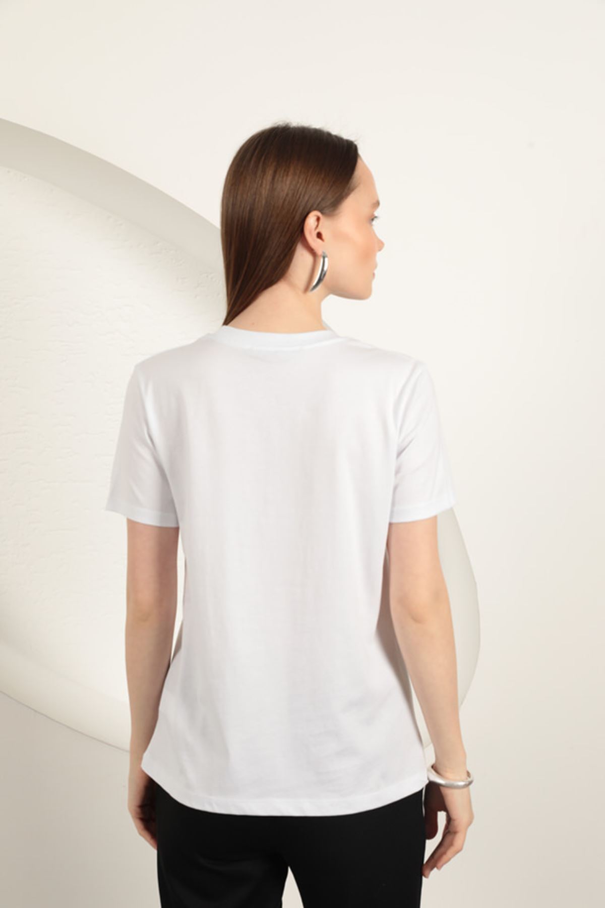 Süprem Kumaş Fiyonk Baskılı Tişört-Beyaz