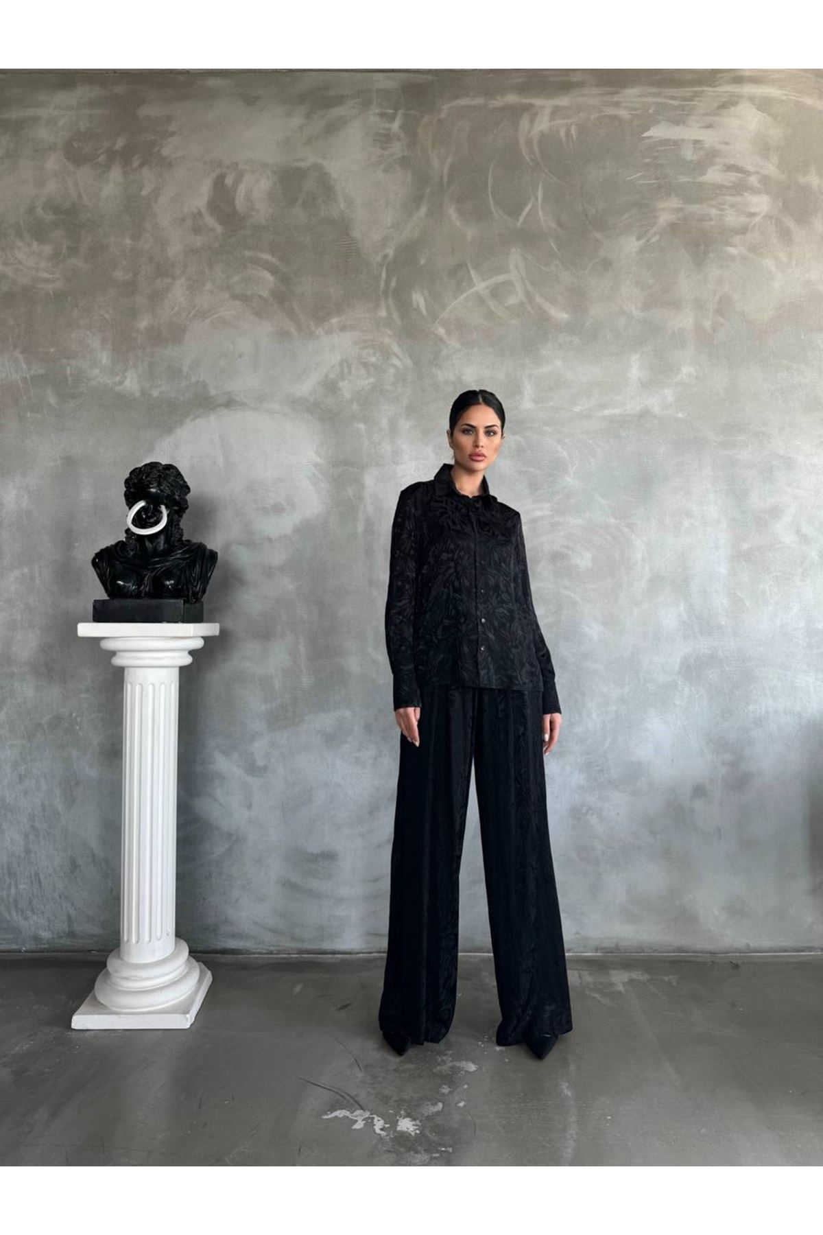 Saten Kumaş Zebra Desenli Gömlek Pantolon İkili Takım