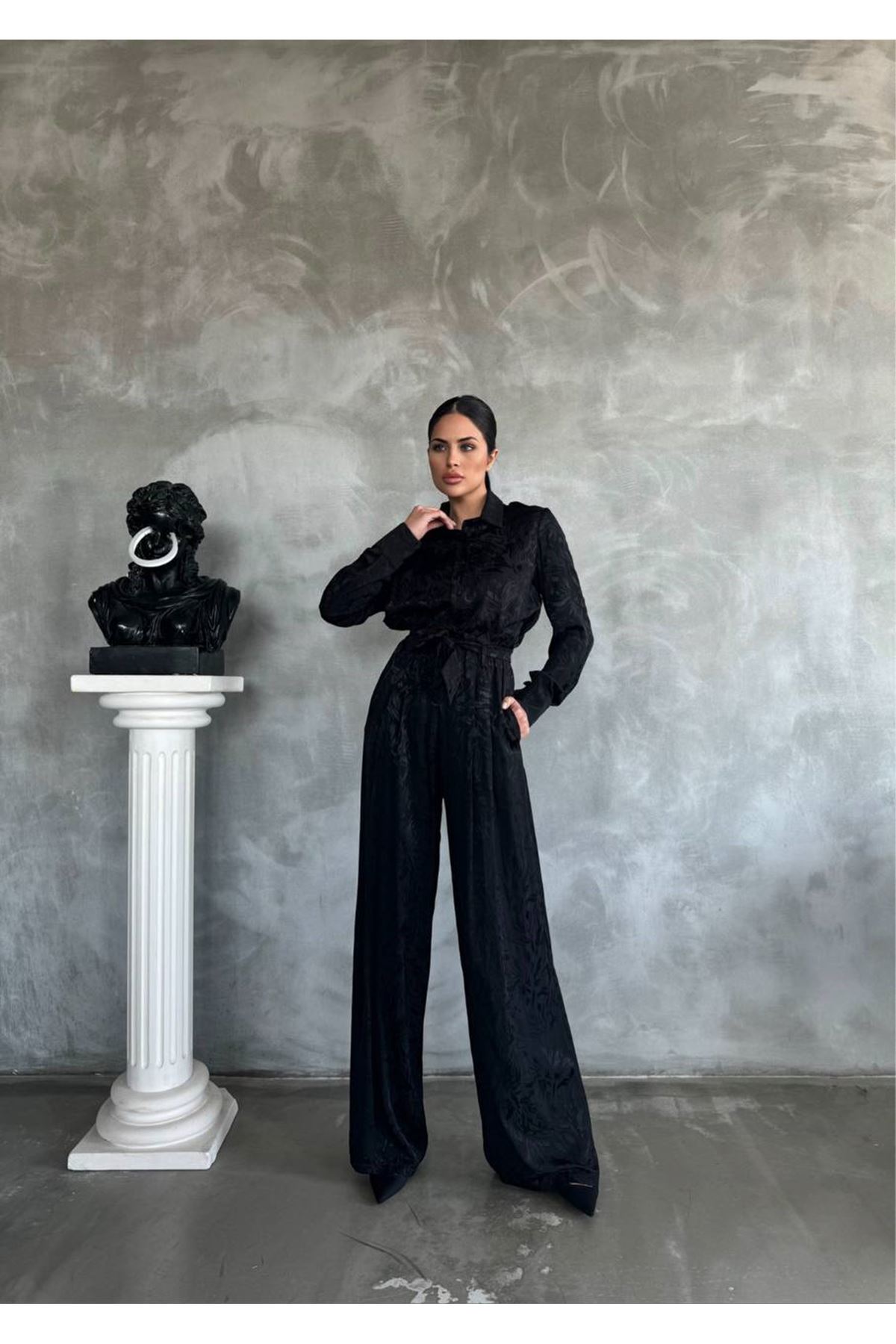 Saten Kumaş Zebra Desenli Gömlek Pantolon İkili Takım