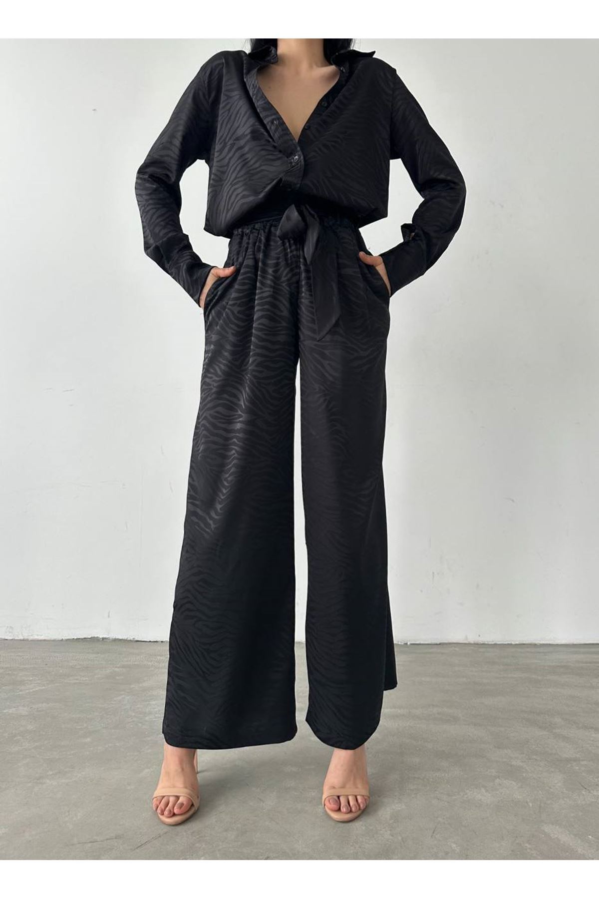 Saten Kumaş Zebra Desenli Gömlek Pantolon İkili Takım