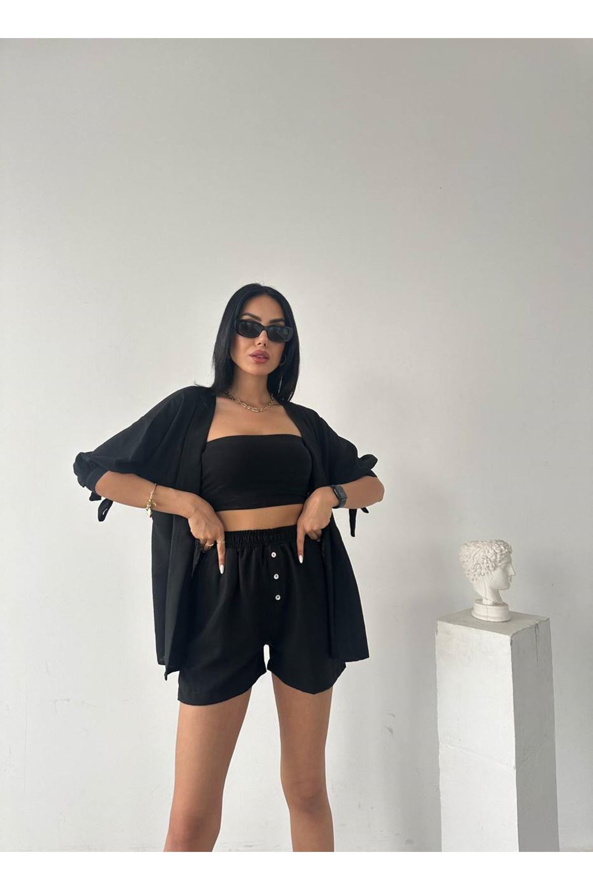Bel Kuşak Bağlamalı Şort Gömlek 2 Li Takım