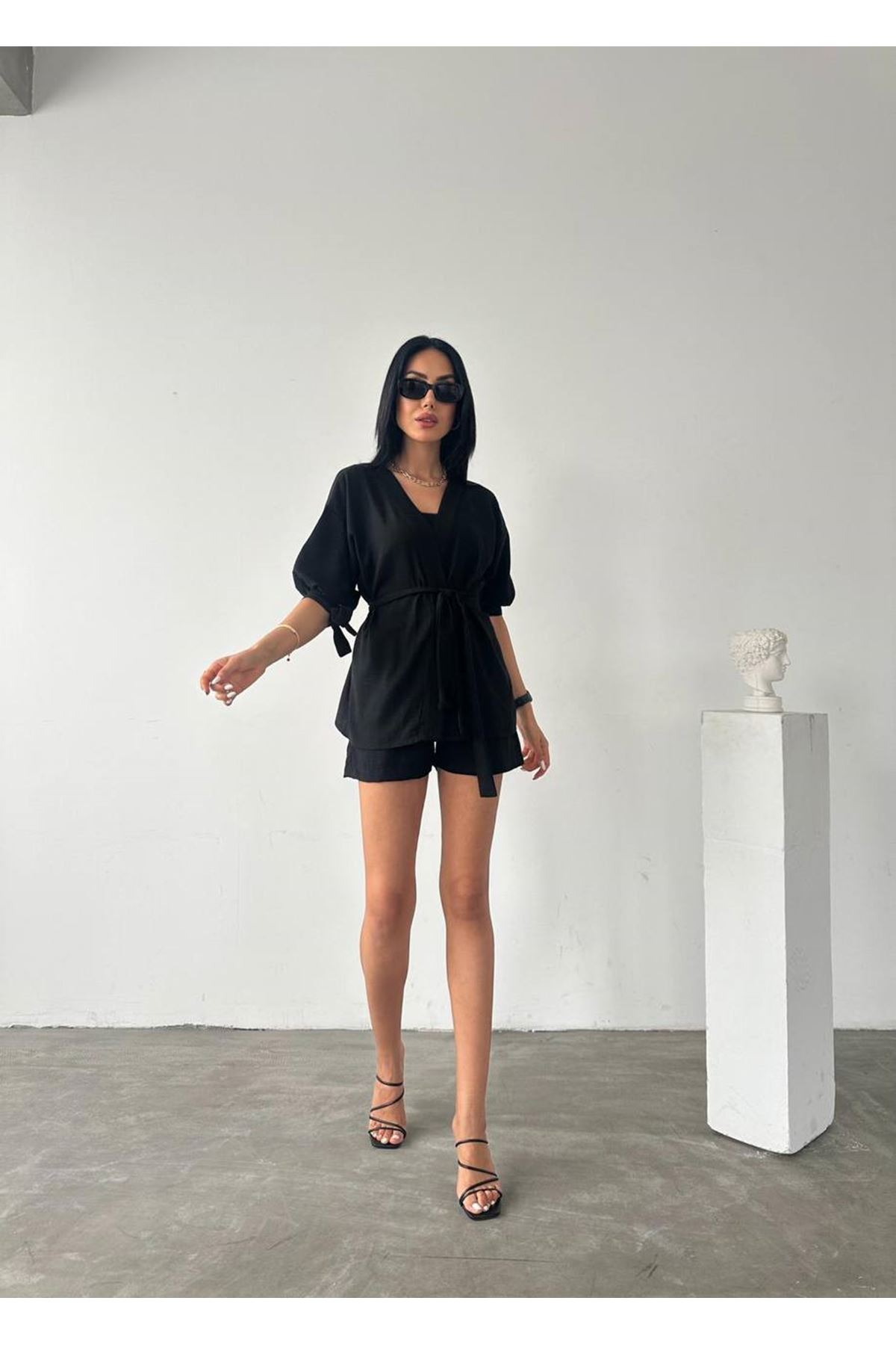Bel Kuşak Bağlamalı Şort Gömlek 2 Li Takım
