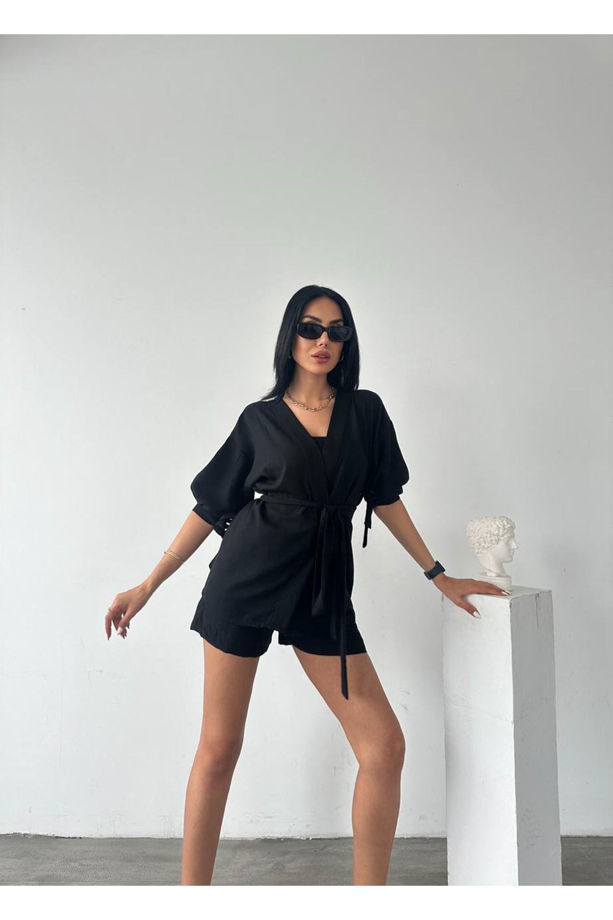 Bel Kuşak Bağlamalı Şort Gömlek 2 Li Takım
