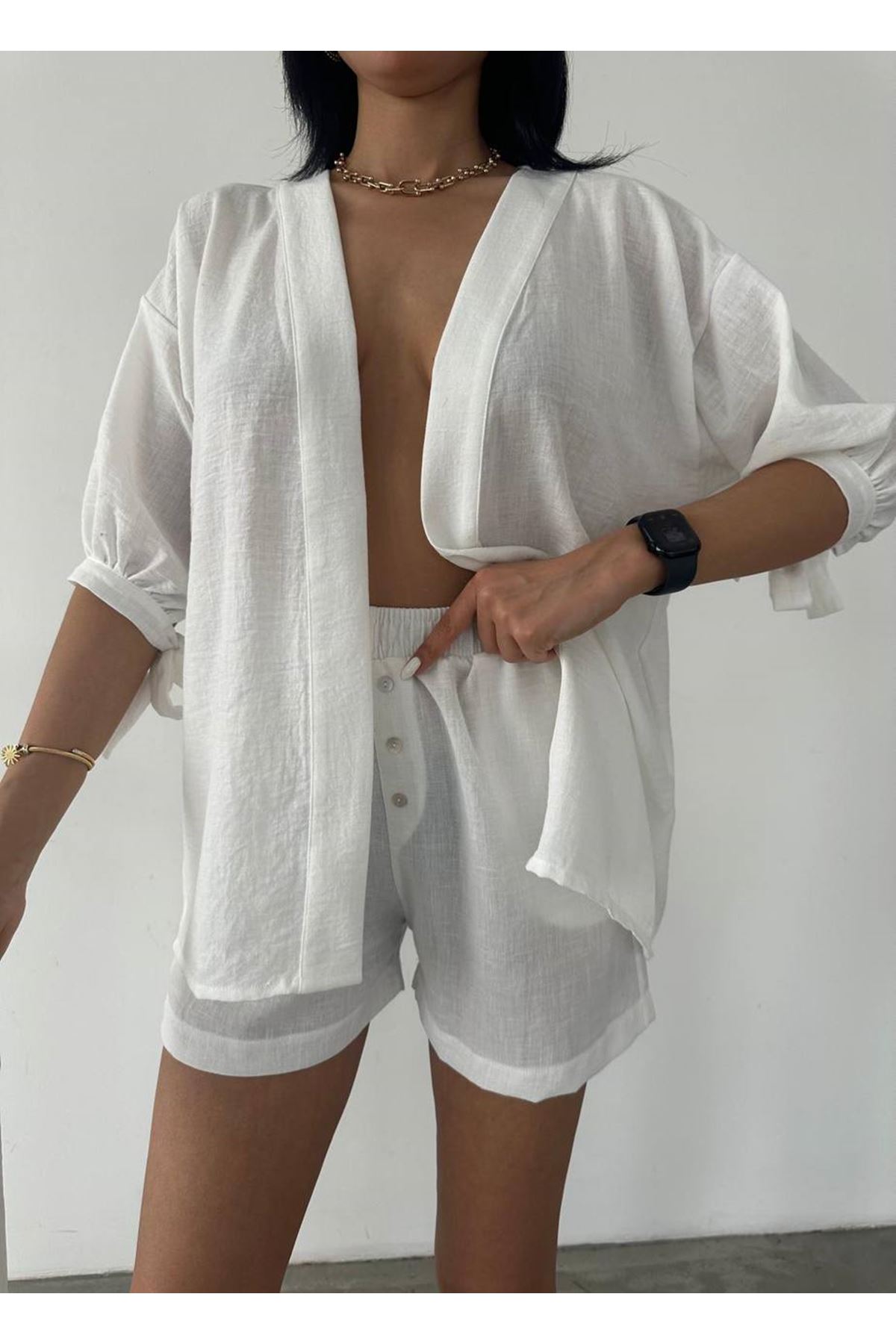 Bel Kuşak Bağlamalı Şort Gömlek 2 Li Takım