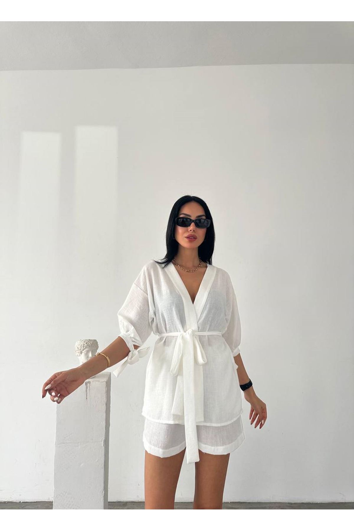 Bel Kuşak Bağlamalı Şort Gömlek 2 Li Takım
