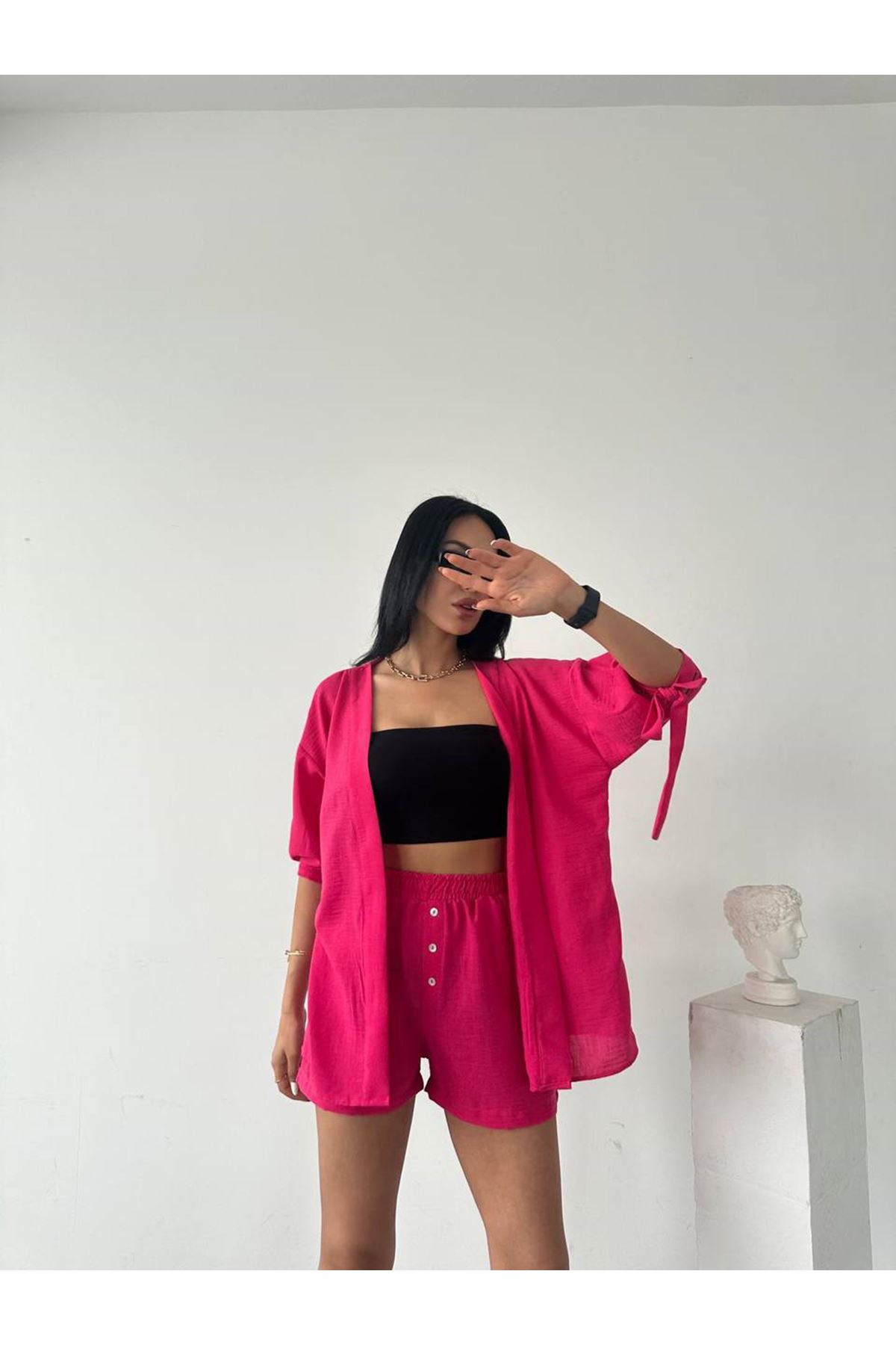 Bel Kuşak Bağlamalı Şort Gömlek 2 Li Takım