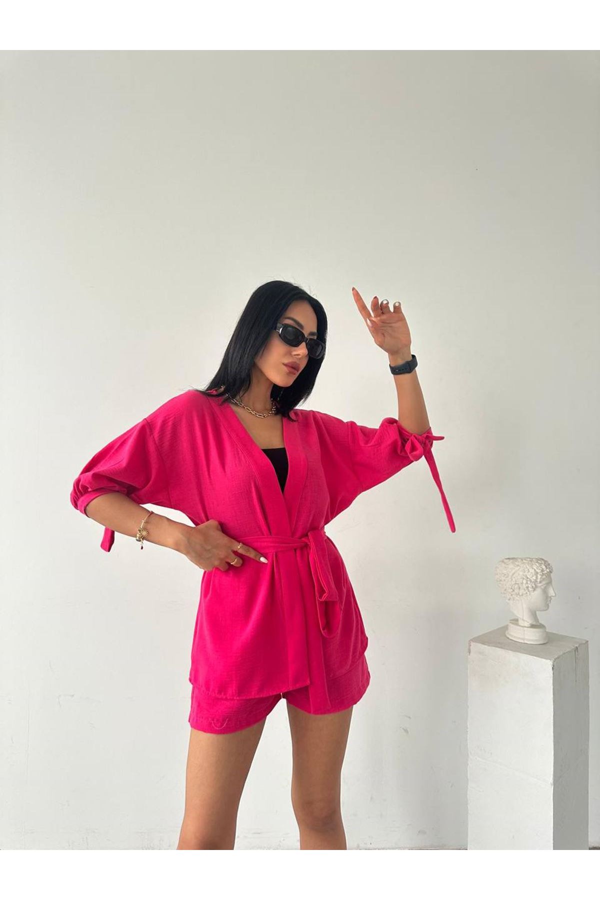 Bel Kuşak Bağlamalı Şort Gömlek 2 Li Takım
