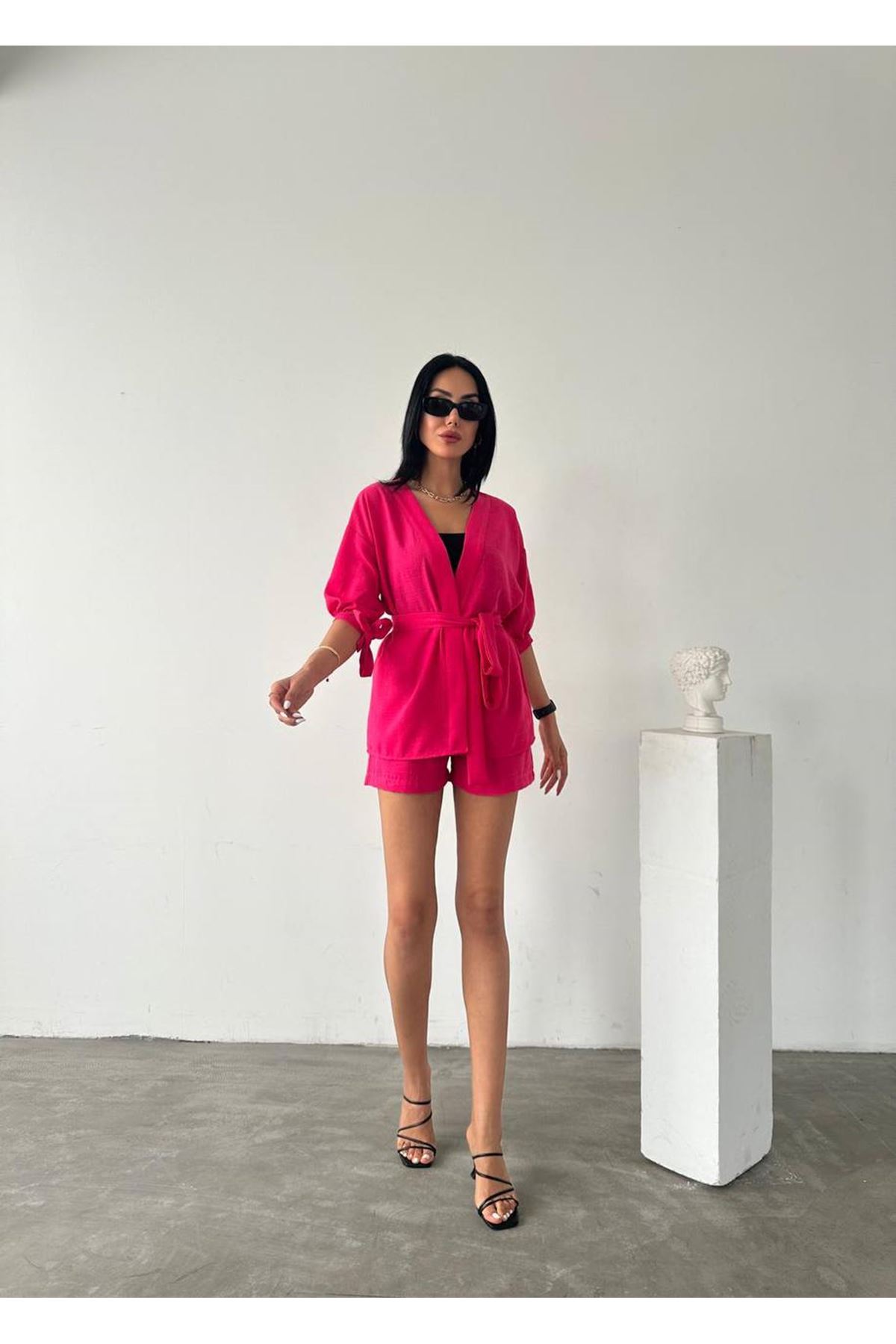 Bel Kuşak Bağlamalı Şort Gömlek 2 Li Takım