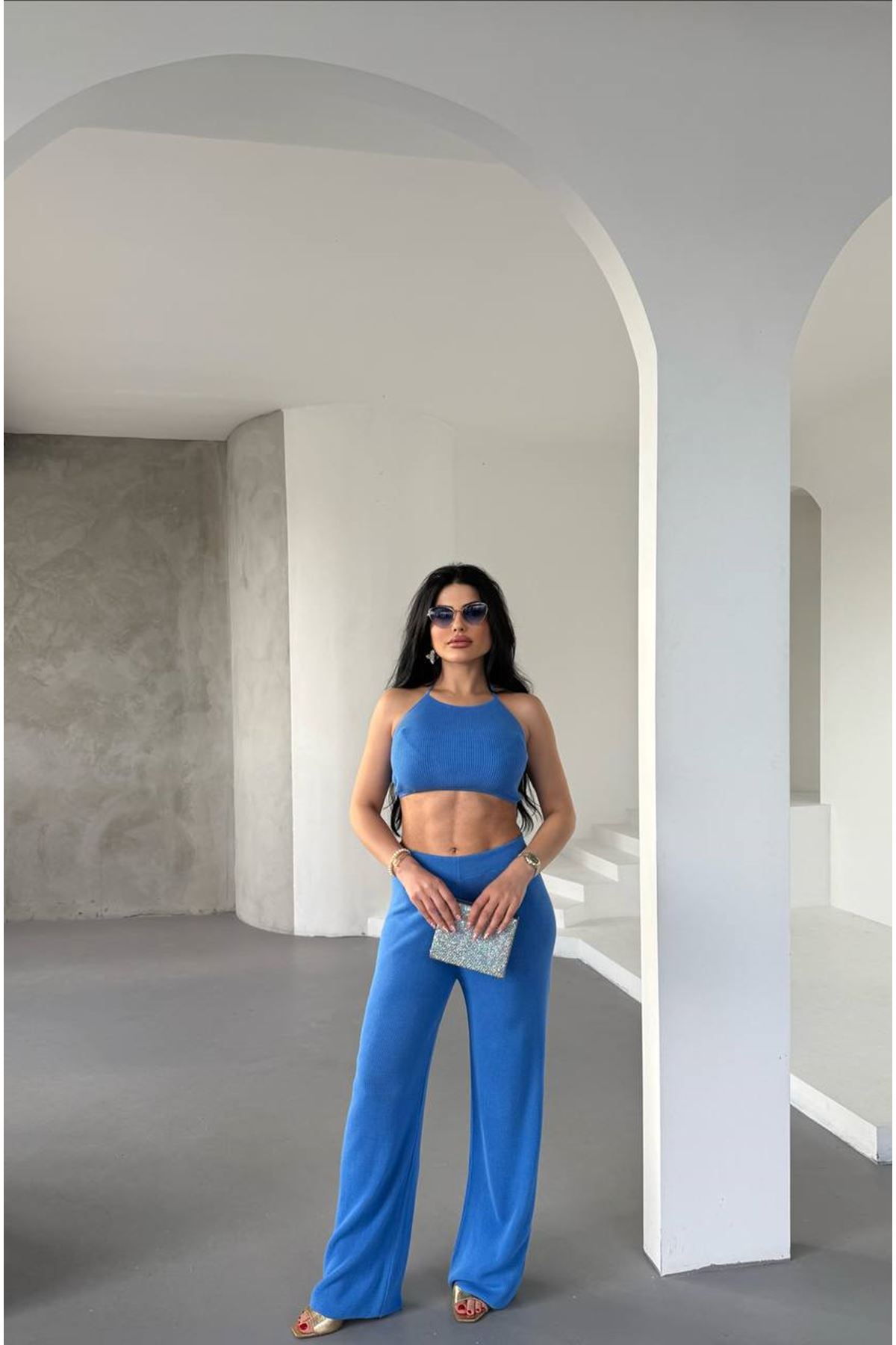 Sırtı İp Detaylı Pamuklu Yazlık Triko Takım