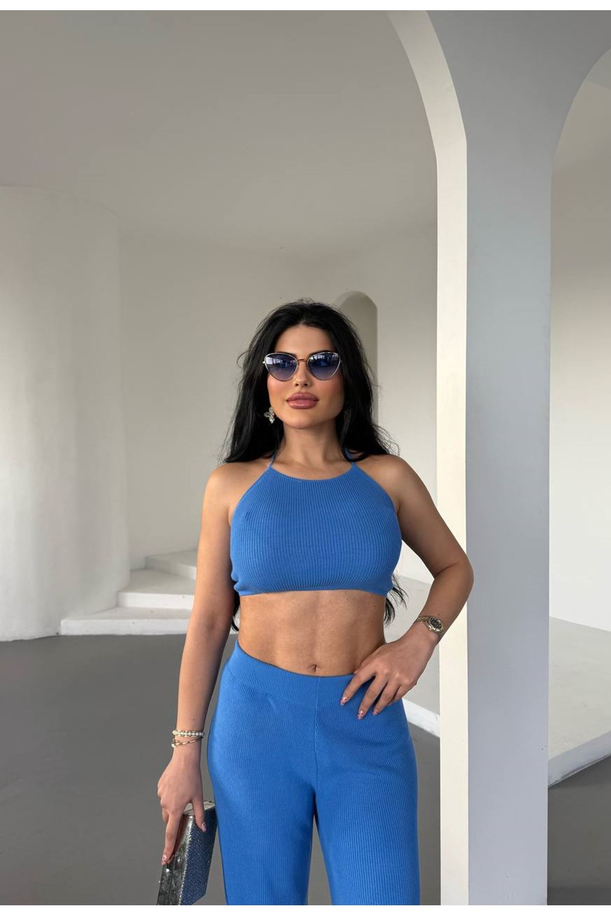 Sırtı İp Detaylı Pamuklu Yazlık Triko Takım