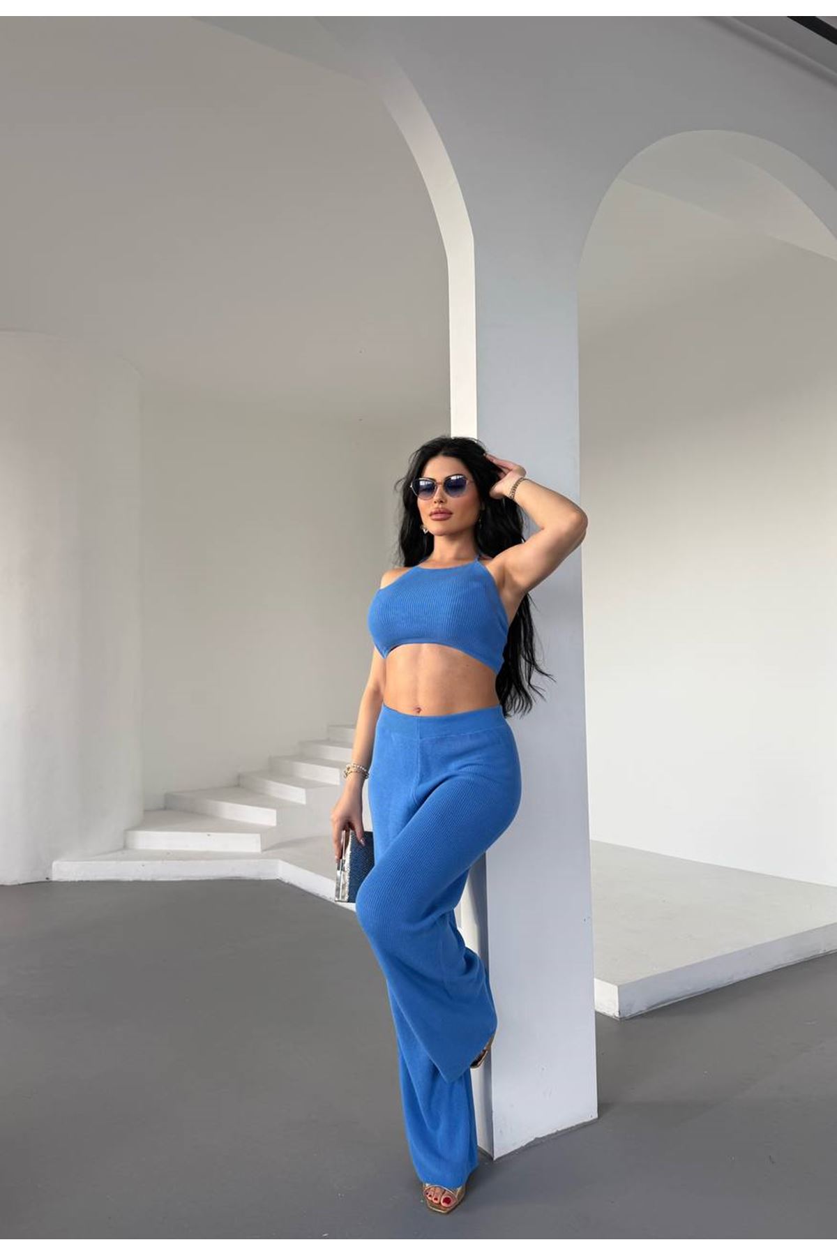 Sırtı İp Detaylı Pamuklu Yazlık Triko Takım