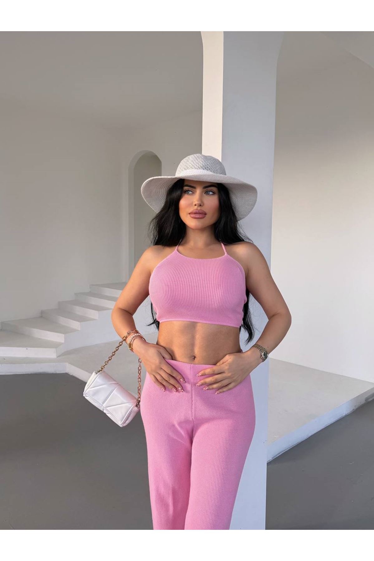 Sırtı İp Detaylı Pamuklu Yazlık Triko Takım