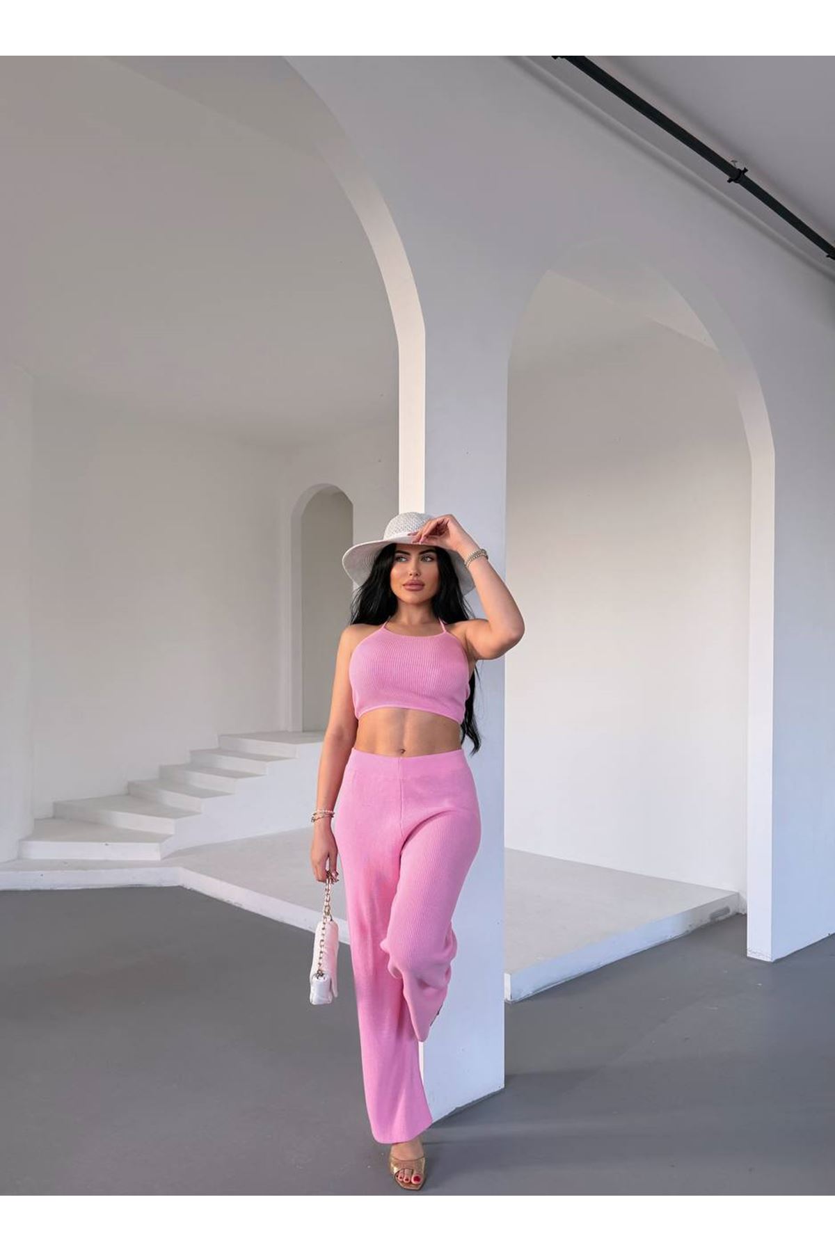 Sırtı İp Detaylı Pamuklu Yazlık Triko Takım