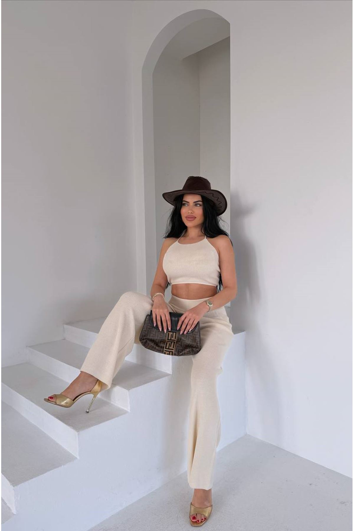 Sırtı İp Detaylı Pamuklu Yazlık Triko Takım