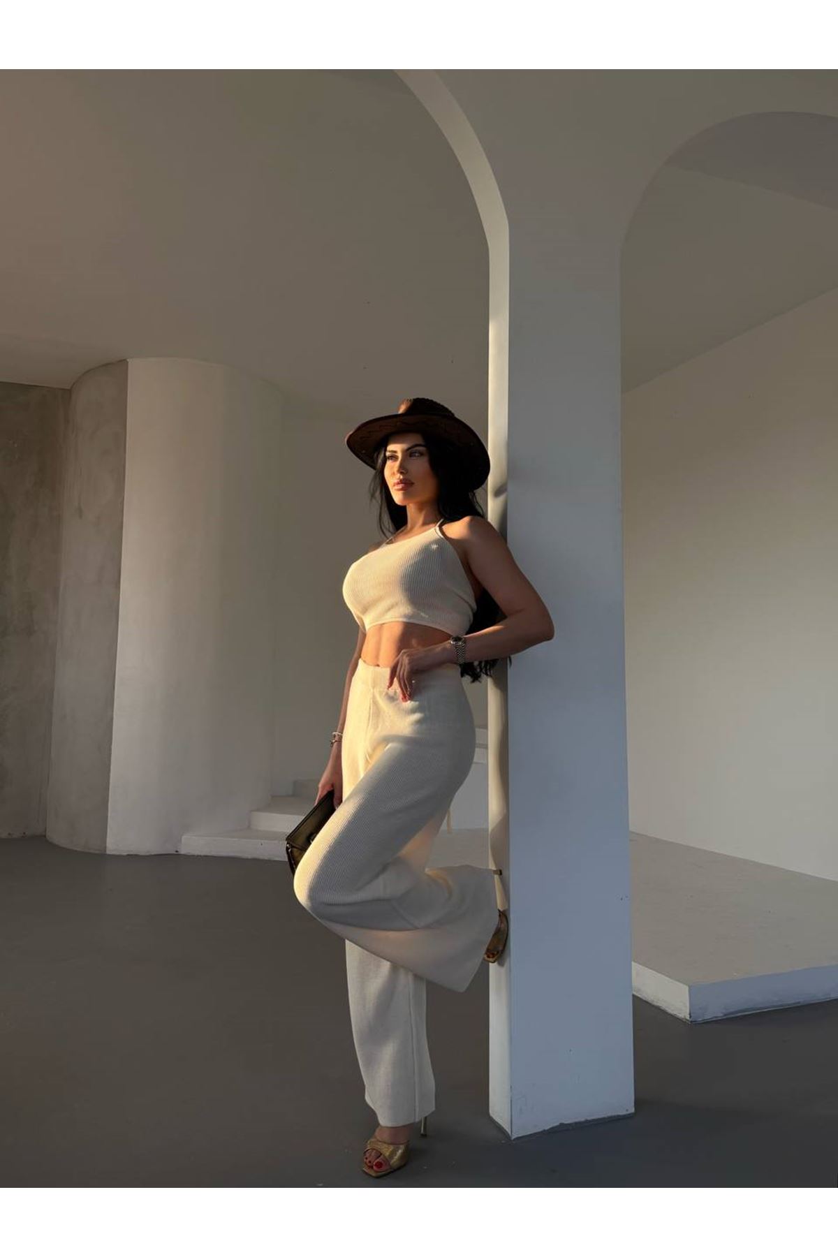 Sırtı İp Detaylı Pamuklu Yazlık Triko Takım