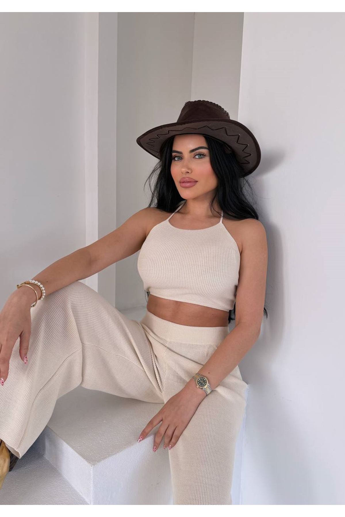 Sırtı İp Detaylı Pamuklu Yazlık Triko Takım