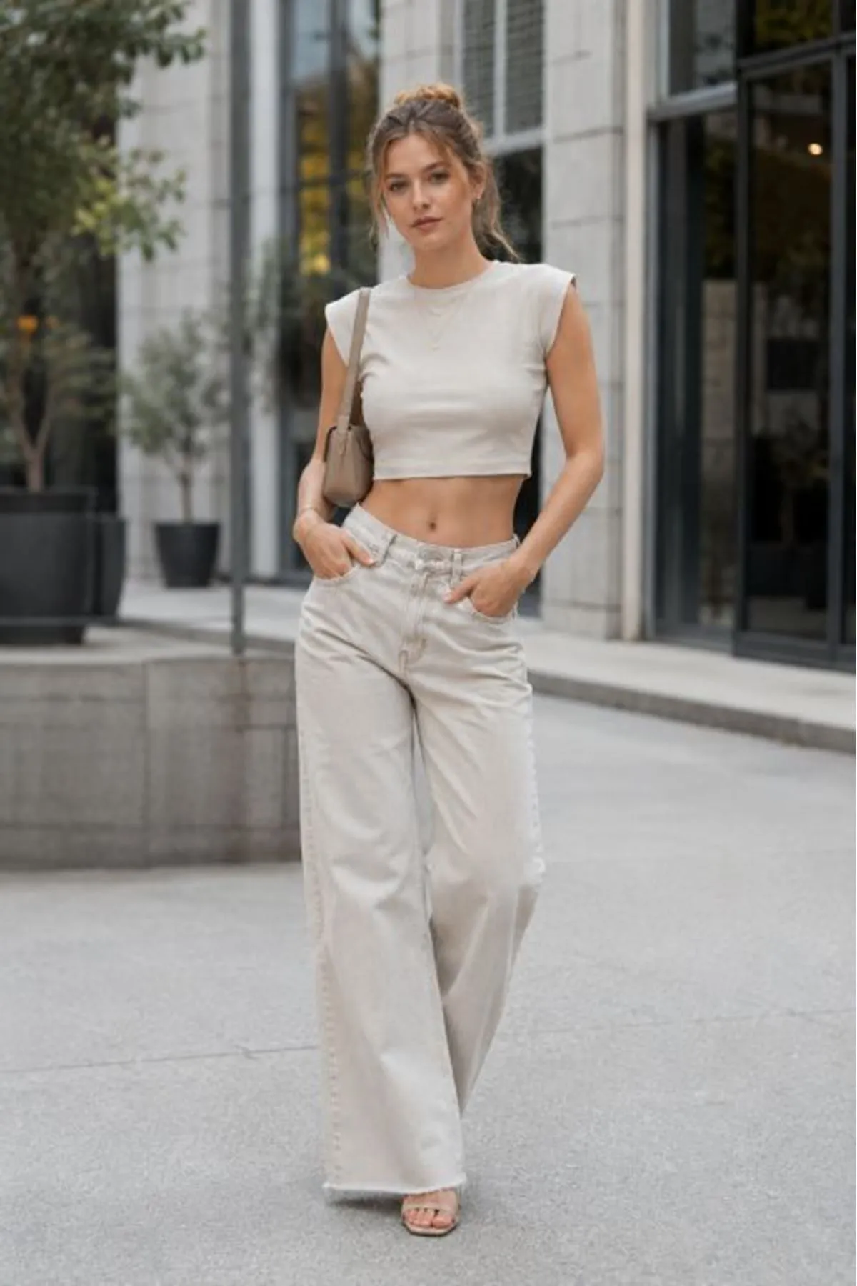 Ribana Kumaş Crop Top-Taş