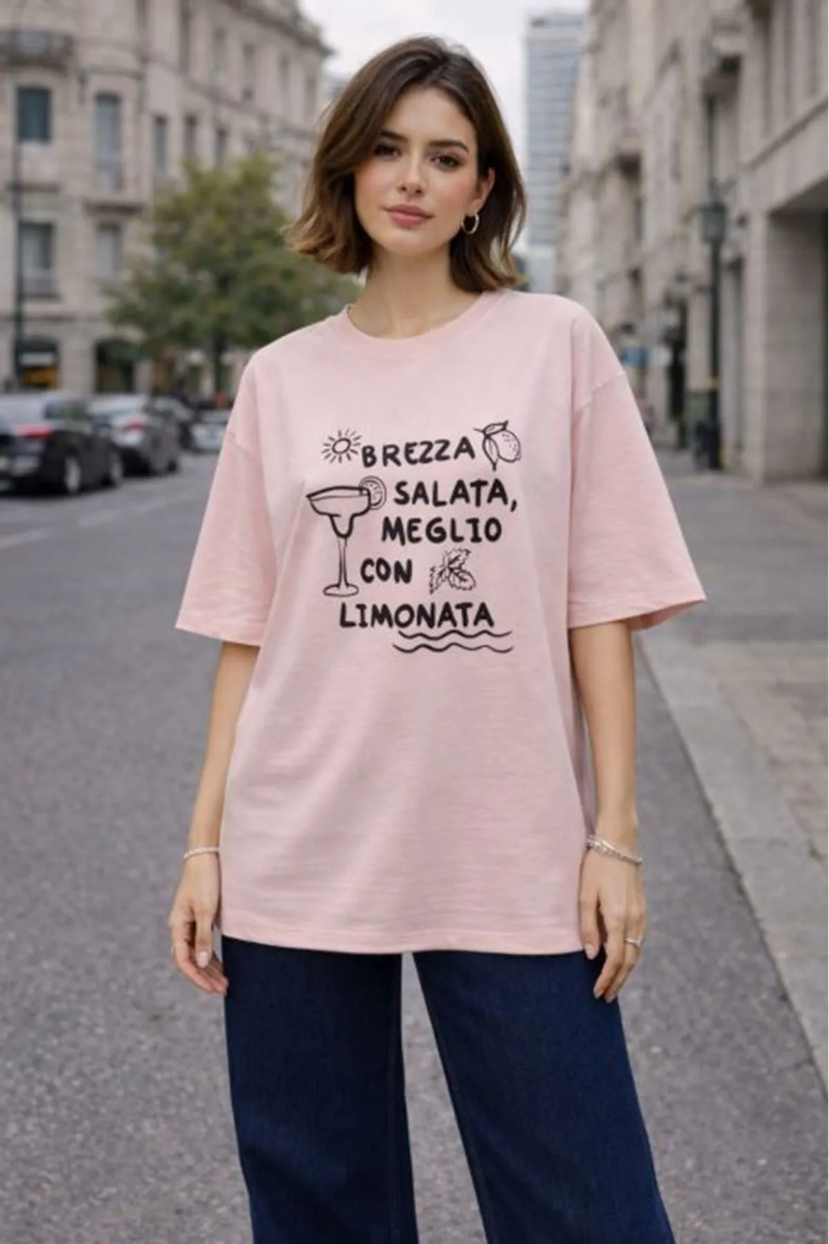 30/1 Süprem Kumaş O Yaka Brezza Baskılı  Kadın Tişört-Pudra